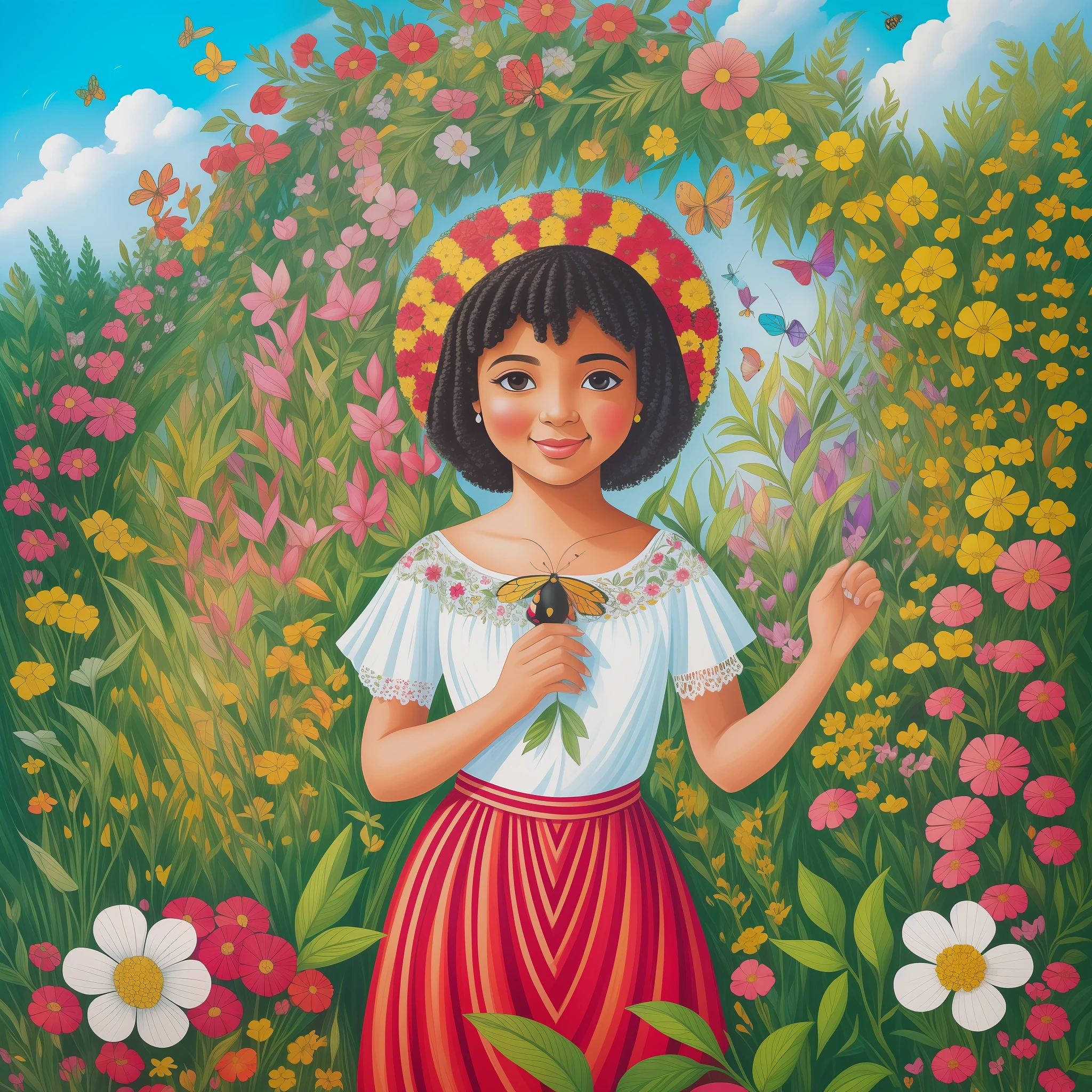 Imagine a lovely garden filled with colorful flowers and lush foliage. In this scenario, Erê Joaninha, a small and lovely spiritual entity of Afro-Brazilian culture, comes to life. She is depicted as a child wearing red costumes with black polka dots, resembling a ladybug.

In the painting, highlight the Erê Joaninha in the foreground, exuding joy and vivacity. She is surrounded by flowers and plants, which seem to vibrate with life in her presence. Erê Joaninha has delicate wings on her back, ready to take her on a playful flight through the garden.

Around Erê Joaninha, represent elements that highlight your connection with nature. Colorful butterflies can float around you, like playful friends. The sun shines softly, creating a magical and welcoming atmosphere. You can also include other creatures from nature, such as bees and dragonflies, who join Erê Joaninha on her journey through the garden.

On Erê Joaninha's face, capture an expression of joy and innocence. Her eyes sparkle with curiosity and wonder, conveying her deep connection to the beauty and magic of nature. Subtle details on your cheeks can evoke the characteristic sheen of ladybugs.

Use a vibrant and cheerful color palette to convey the vibrant energy of Erê Joaninha and the garden around you. Shades of red, black, green and yellow can predominate, creating a festive and lively atmosphere. Use soft and light brushstrokes to bring the scene to life, highlighting the lightness and playfulness of Erê Joaninha.