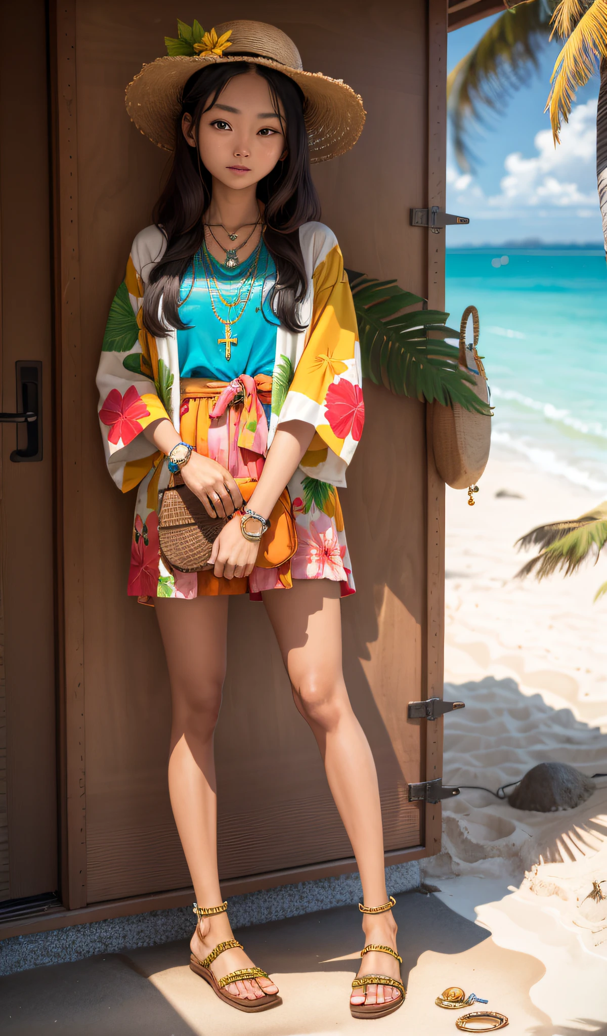 4k, realistic, carismatic, very detail, there is a girl in front of wood house beach, wearing hawai cloths, she is in hawai, hawai theme, soft clothes, long hair, 25 years old, full body, wearing gucci shoes, necklace, wearing watch
