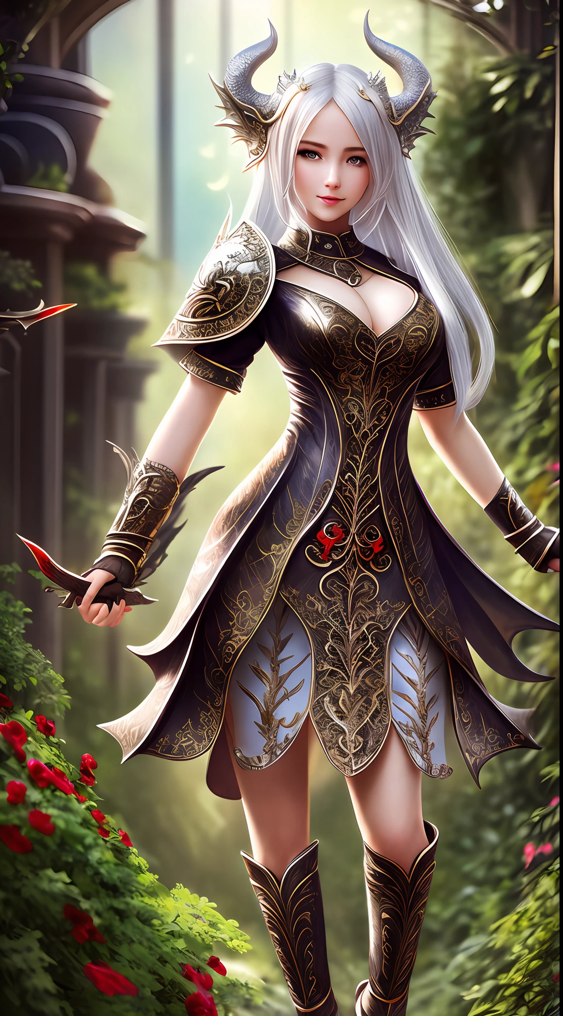 masterpiece, best quality, high resolution, neatly detailed, very detailed and beautiful, premium image, 1girl, solo, bottom, silver hair, red eyes, dragon horns, outdoor, plants, vegetable garden, beautiful dress, short dress, camel finger under pants, from below, full body detailed, realistic,