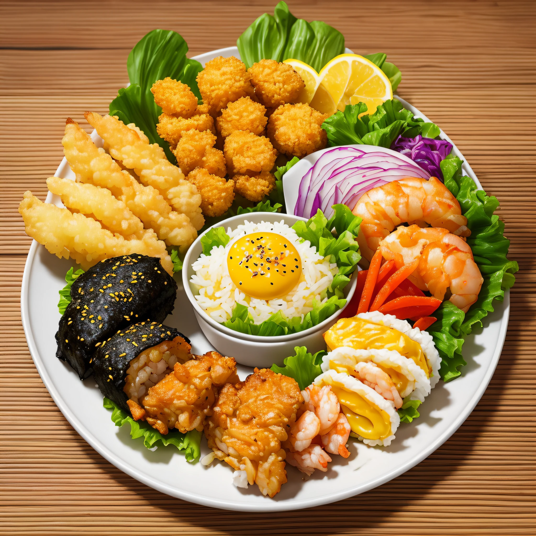 ((best quality)), ((masterpiece)), (detailed), ultra detailed, no_humans, food_focus, food, rice, shrimp, yellow_background, fish, bento, still_life, tempura, omelet, sushi, vegetable, meat --auto --s2