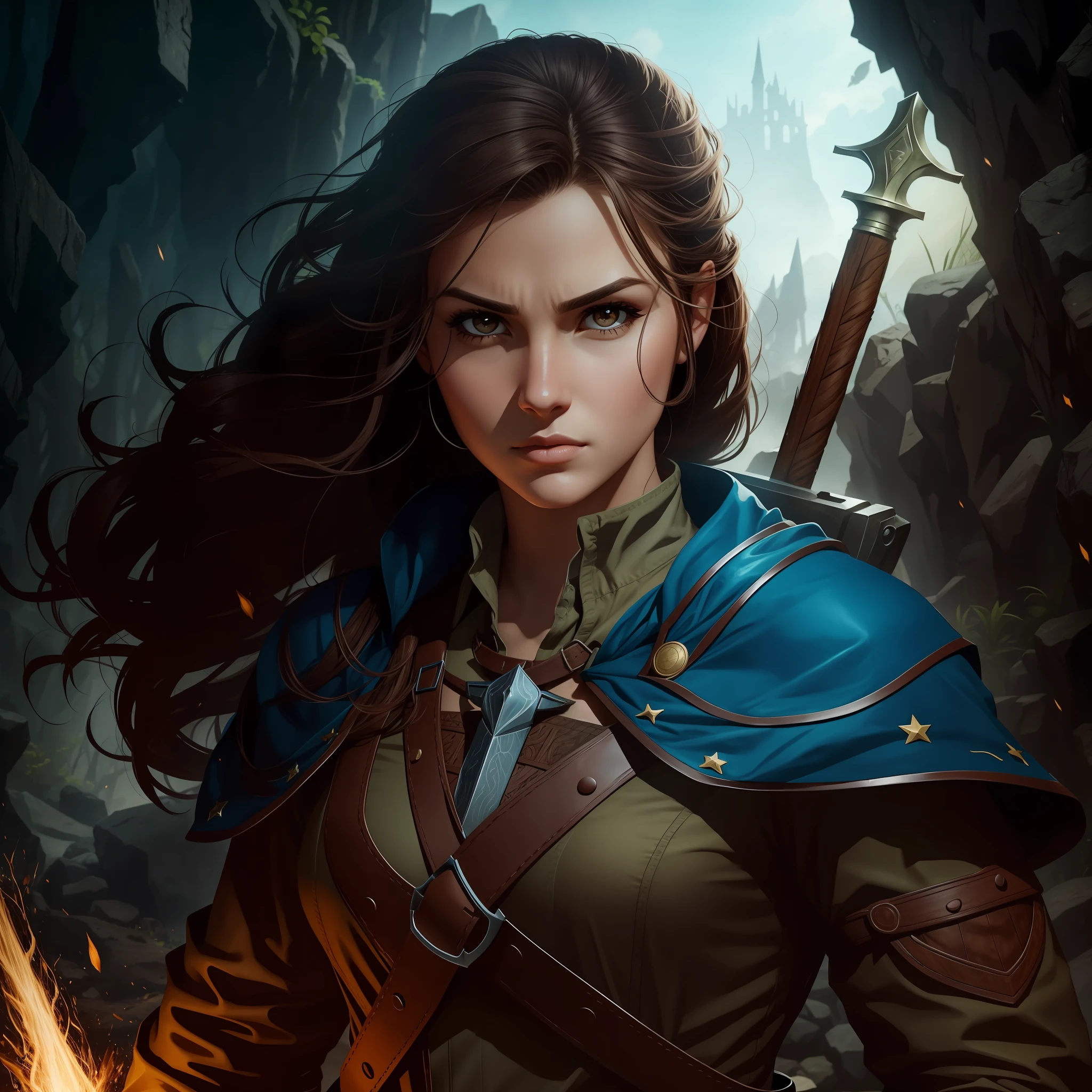 Realistic, brave woman, hunter, wizard, serious, square face shape, brown eyes