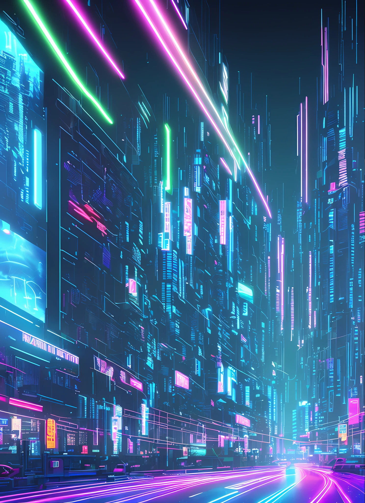 (masterpiece, top quality, best quality, official art, beautiful and aesthetic: 1.2),(blue purple neon lighting), (vibrant brightness), dynamic colors, striking contrast, futuristic vibration, electrical energy, reflective surfaces,(cityscape: 1.3 ),8k,official wallpaper, (cyberpunk:1.2) ,future in size 1366 x 768