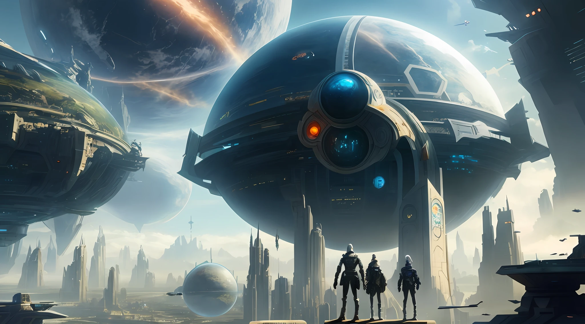 futuristic city with people standing on a platform in front of a giant sphere, sci-fi fantasy wallpaper, in fantasy sci - fi city, sci fi artwork, beautiful sci fi art, sci-fi fantasy art, science fiction concept art, concept art wallpaper 4k, mystical sci-fi concept art, award winning scifi art, sci fi concept art