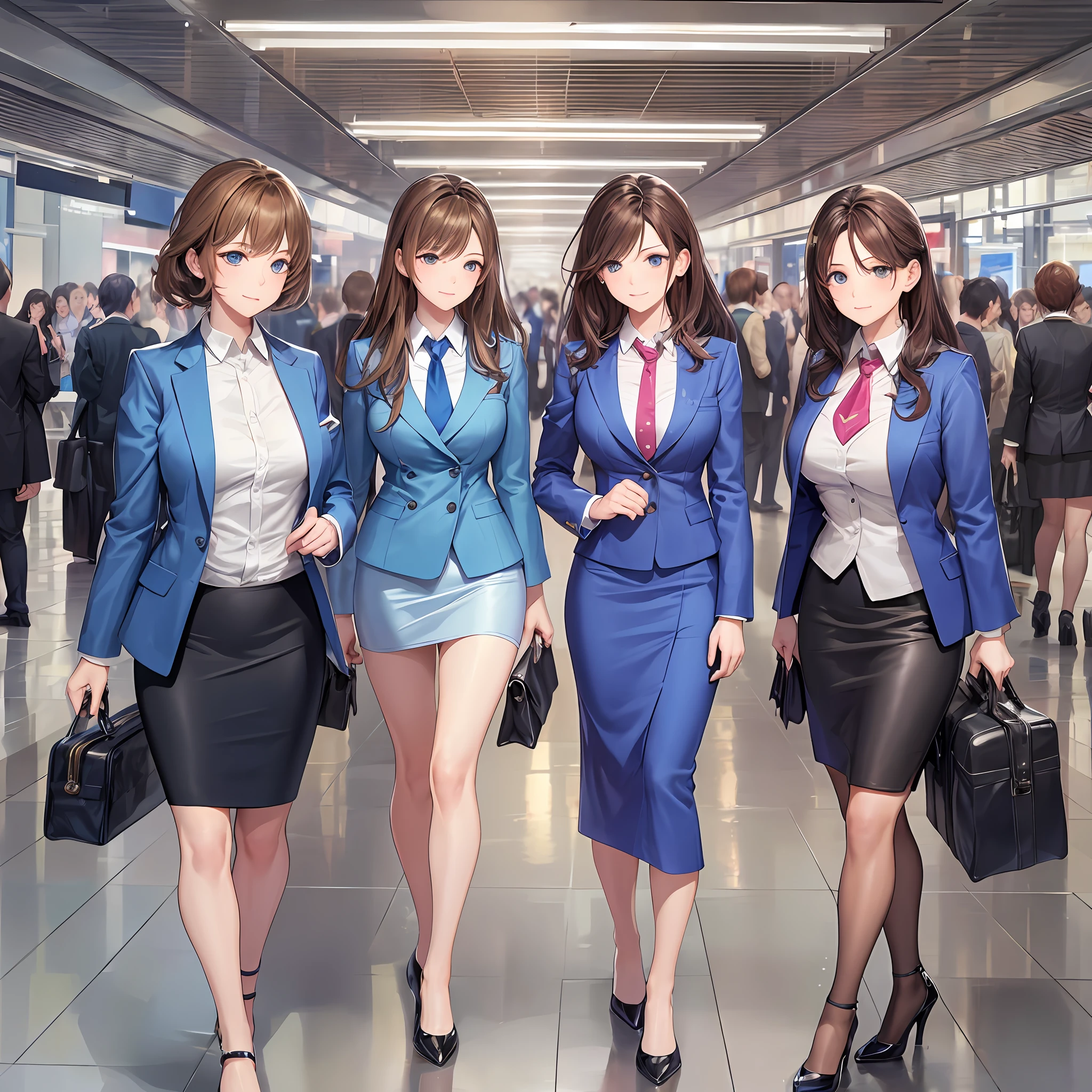 {{Mature female, caucasian}}, looking at viewer, hazel eyes, extremely detailed, medium breasts, brown hair, airport, flight attendant, uniform, blue blazer, blue necktie, blue skirt, medium skirt, pencil skirt, bare legs, blue high heels, happy, best quality, high quality, extremely detailed anime screencap, {{{{crowded, multiple girls, thousands of sisters, millions of sisters,billions of sisters, clone, doppelganger, matching outfit, matching hairstyle}}}}, full body