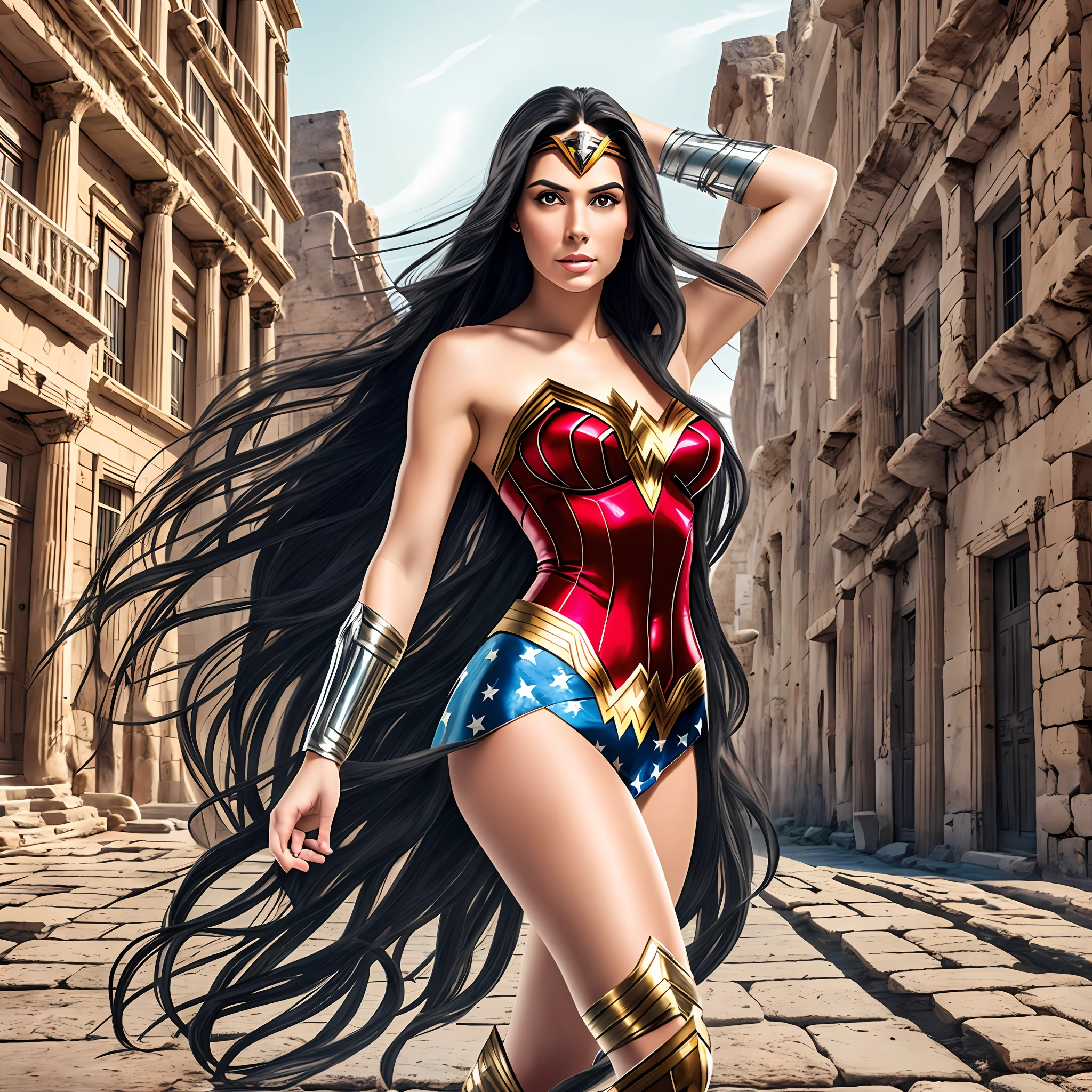 White woman with long black hair as wonder woman young 20 years full body image background city grecia --auto --s2