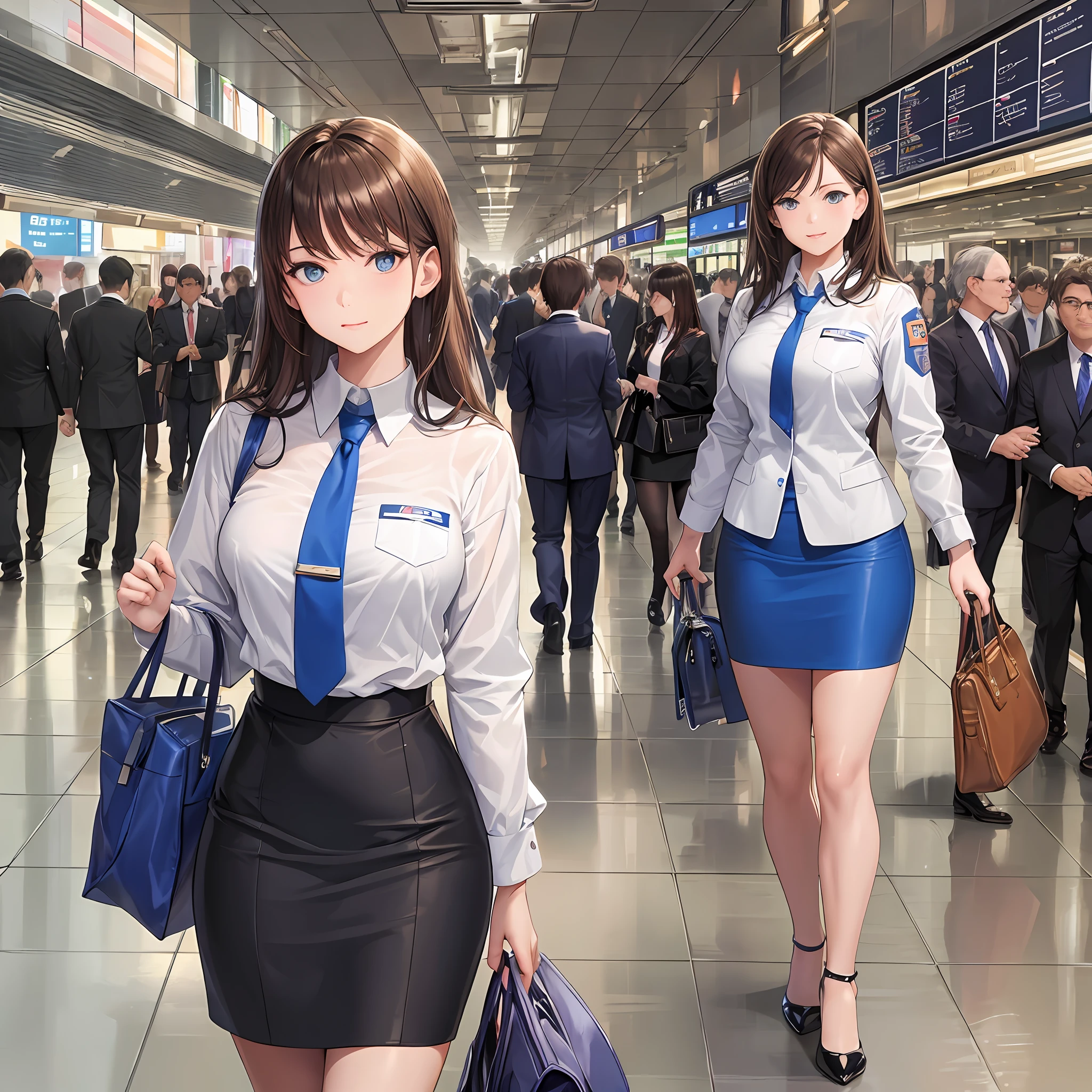 {{Mature female, caucasian}}, looking at viewer, hazel eyes, extremely detailed, medium breasts, brown hair, airport, flight attendant, uniform, blue blazer, blue necktie, blue skirt, medium skirt, pencil skirt, bare legs, blue high heels, happy, best quality, high quality, extremely detailed anime screencap, {{{{crowded, multiple girls, thousands of sisters, millions of sisters,billions of sisters, clone, doppelganger, matching outfit, matching hairstyle}}}}, full body