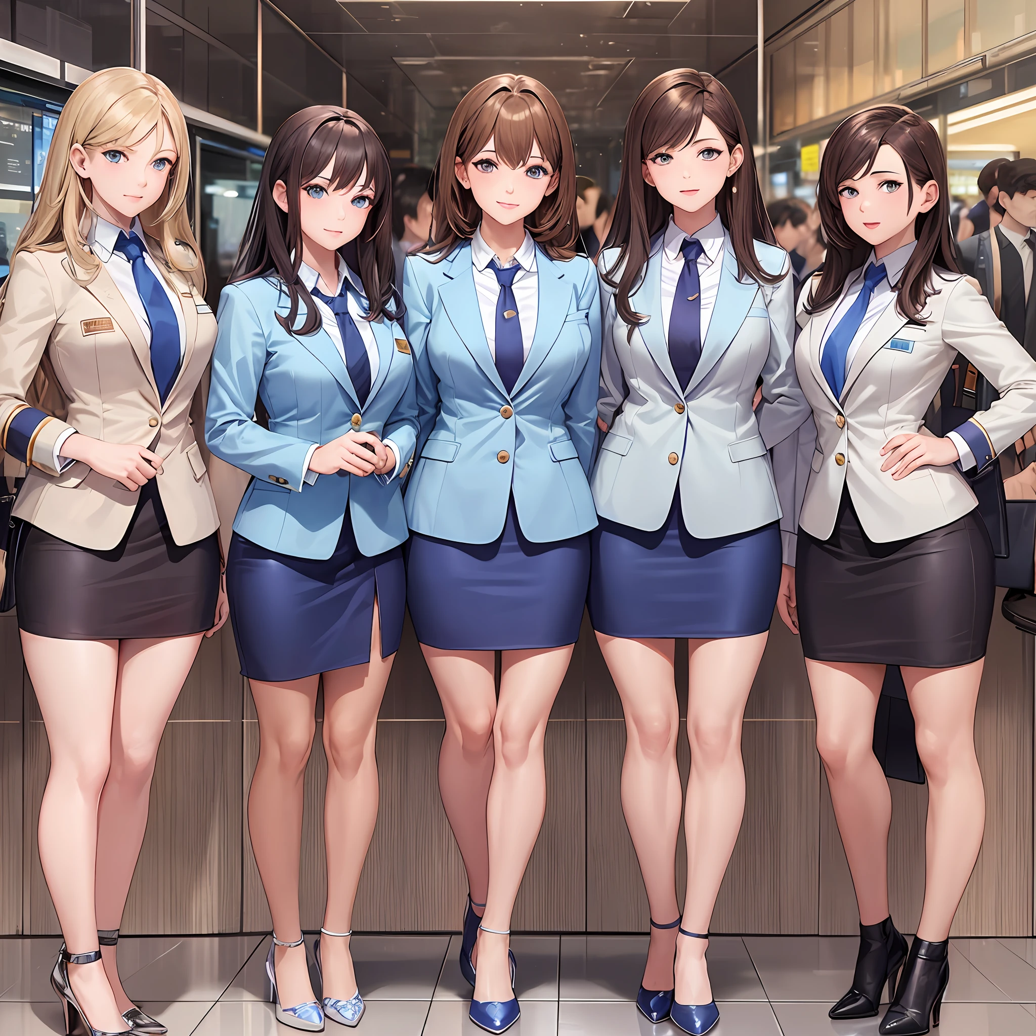 {{Mature female, caucasian}}, looking at viewer, hazel eyes, extremely detailed, medium breasts, brown hair, airport, flight attendant, uniform, blue blazer, blue necktie, blue skirt, medium skirt, pencil skirt, bare legs, blue high heels, happy, best quality, high quality, extremely detailed anime screencap, {{{{crowded, multiple girls, thousands of sisters, millions of sisters,billions of sisters, clone, doppelganger, matching outfit, matching hairstyle}}}}, full body