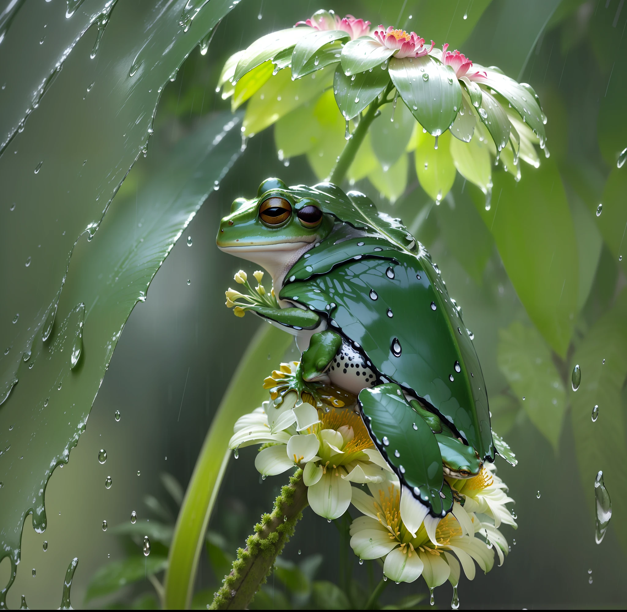 there is a frog sitting on a flower in the rain, flowers rain everywhere, under rain, raining award winning photo, in the rain, in a rainy environment, on a rainy day, raining!, wet from rain, national geographic photo”, just after rain, iralki nadar, rain!!!!, still from a nature documentary, by Yasushi Sugiyama