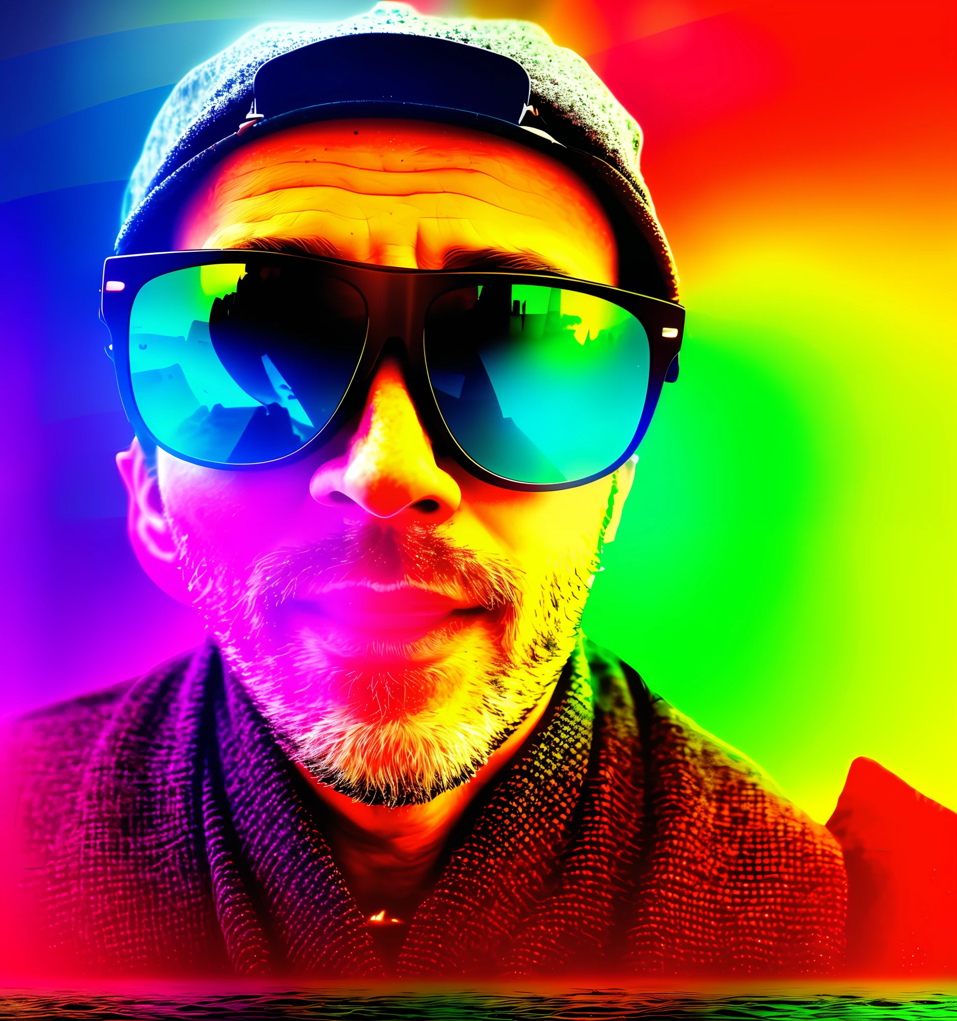 there is a man wearing sunglasses and a hat with a rainbow background, with instagram filters, posterized color, !!! colored photography, * colour splash *, technicolor!!!, colourfull, colour splash, color splash, multi colored, digital art!!, chromatic aberration!!!!!, colorfull, picsart, hyper color photograph, selective color effect, vibrant high contrast