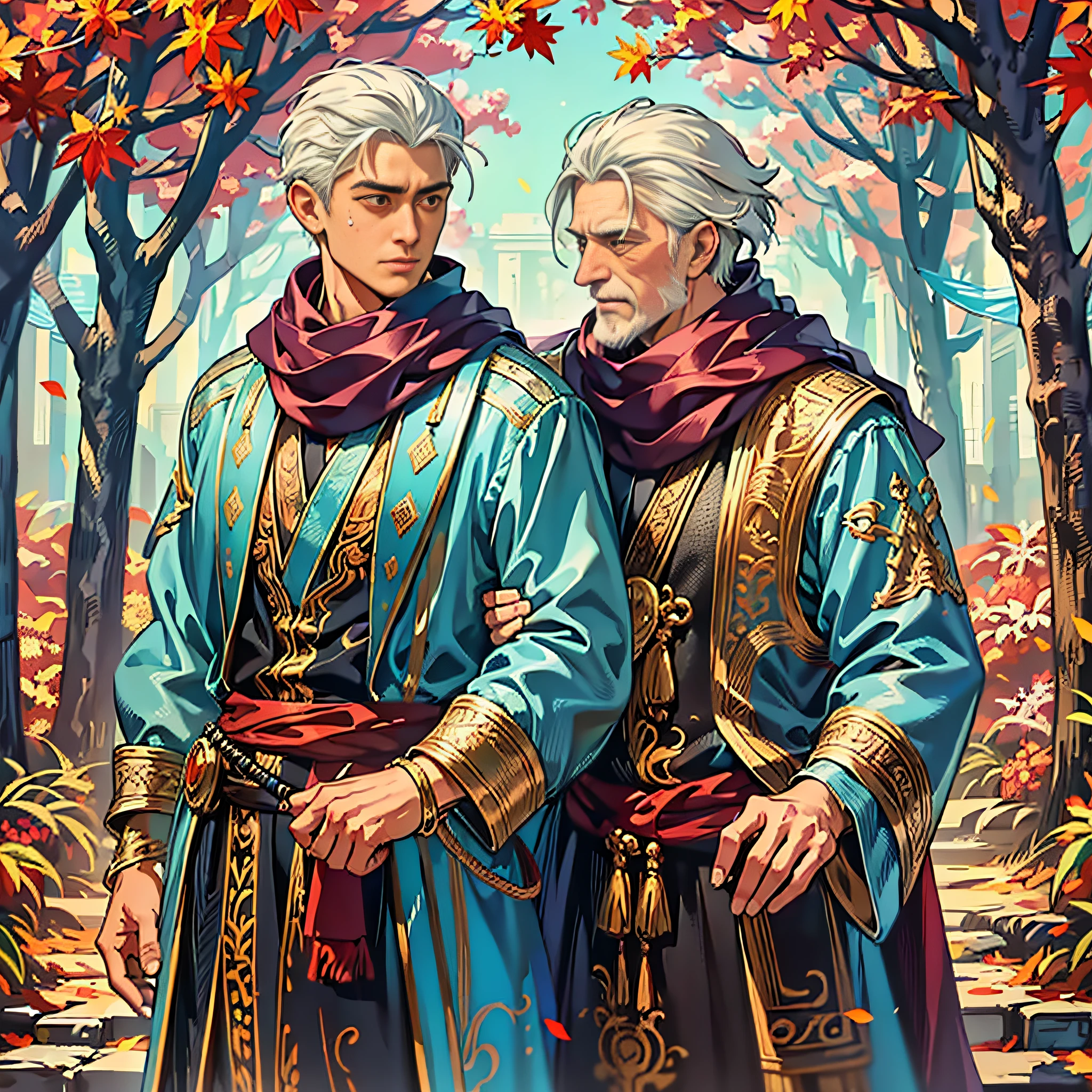 - A stunning painting capturing the serene beauty of two men standing side by side - one in the full bloom of middle age, the other with wispy white hair and wrinkles crinkling at the edges of his eyes. The background is drenched in vibrant autumn hues, with leaves of vermillion and golden yellow swirling around their feet, while the two figures tower over them with an air of quiet dignity and strength. The middle-aged man gazes towards a distant horizon, his face etched with determination and hope, while the elderly man leans slightly on a walking stick, his eyes sparkling with a wisdom and calm that comes with age. The scene is rendered in a rich oil painting style, with delicate brush strokes creating intricate details on their clothes and features, and the colors blending seamlessly into each other to form a harmonious composition.

- A photograph that captures the deep bond between two aging friends, who stand shoulder to shoulder, their faces etched with years of laughter, tears and love. The setting is a misty, foggy morning in a quaint park, with tall trees stretching towards the sky, and a blanket of dew on the grass. The men are dressed in simple, modest outfits - a tweed jacket over a woolen sweater, a scarf around the neck, a cap to cover the balding head. But their faces light up with an inner warmth that radiates from within, as they share an easy camaraderie that comes from decades of companionship. The photograph is shot in black and white, which lends it a timeless quality, and the focus is on their faces, which reveal a lifetime of experiences, emotions and memories