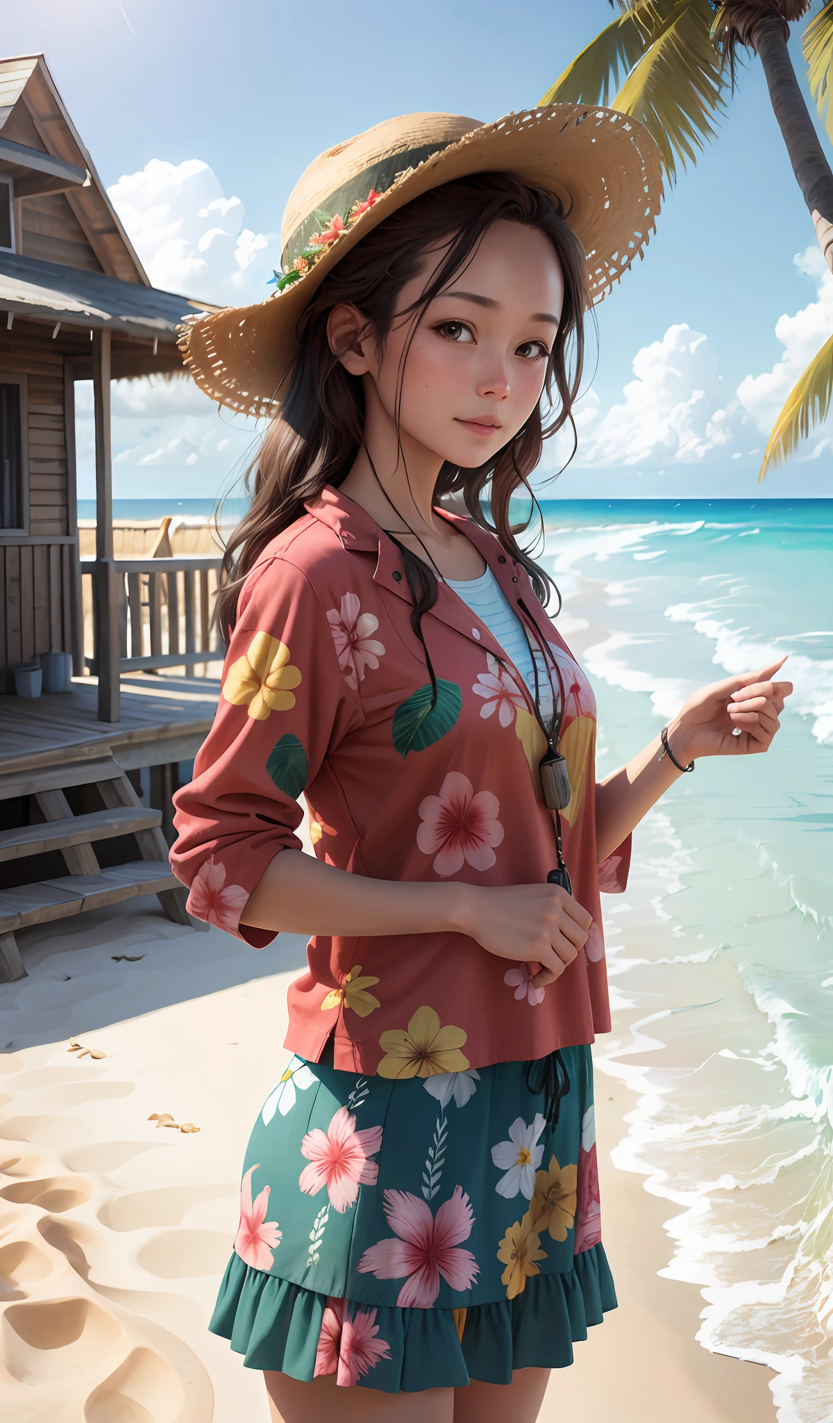 4k, realistic, charismatic, very detailed, there is a girl in front of the beach of the wooden house, wearing hawaii cloths, she is in hawaii, hawaii theme, soft clothes, long hair, reggae