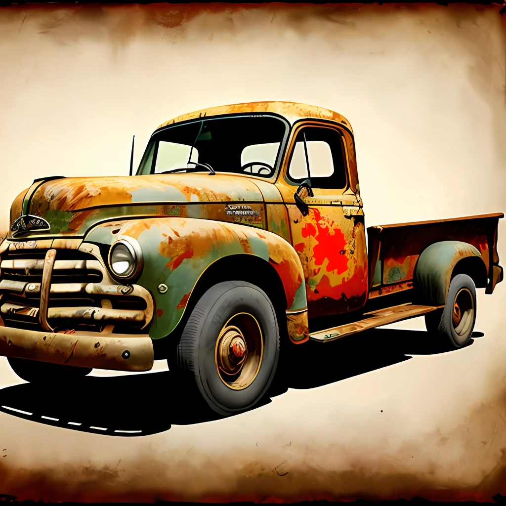 "Draw a painting of an old truck engine in a realistic style. The engine is large and robust, with metal parts that are aged and worn out by time. It can have a dark colored body with rusty red details. The gears and internal components should be visible, showing the complexity and beauty of the old engine. Add details like rusty exhaust pipes, valves, and screws to emphasize the sense of antiquity. The painting should convey a sense of nostalgia and history, evoking the classic era of heavy-duty trucks.