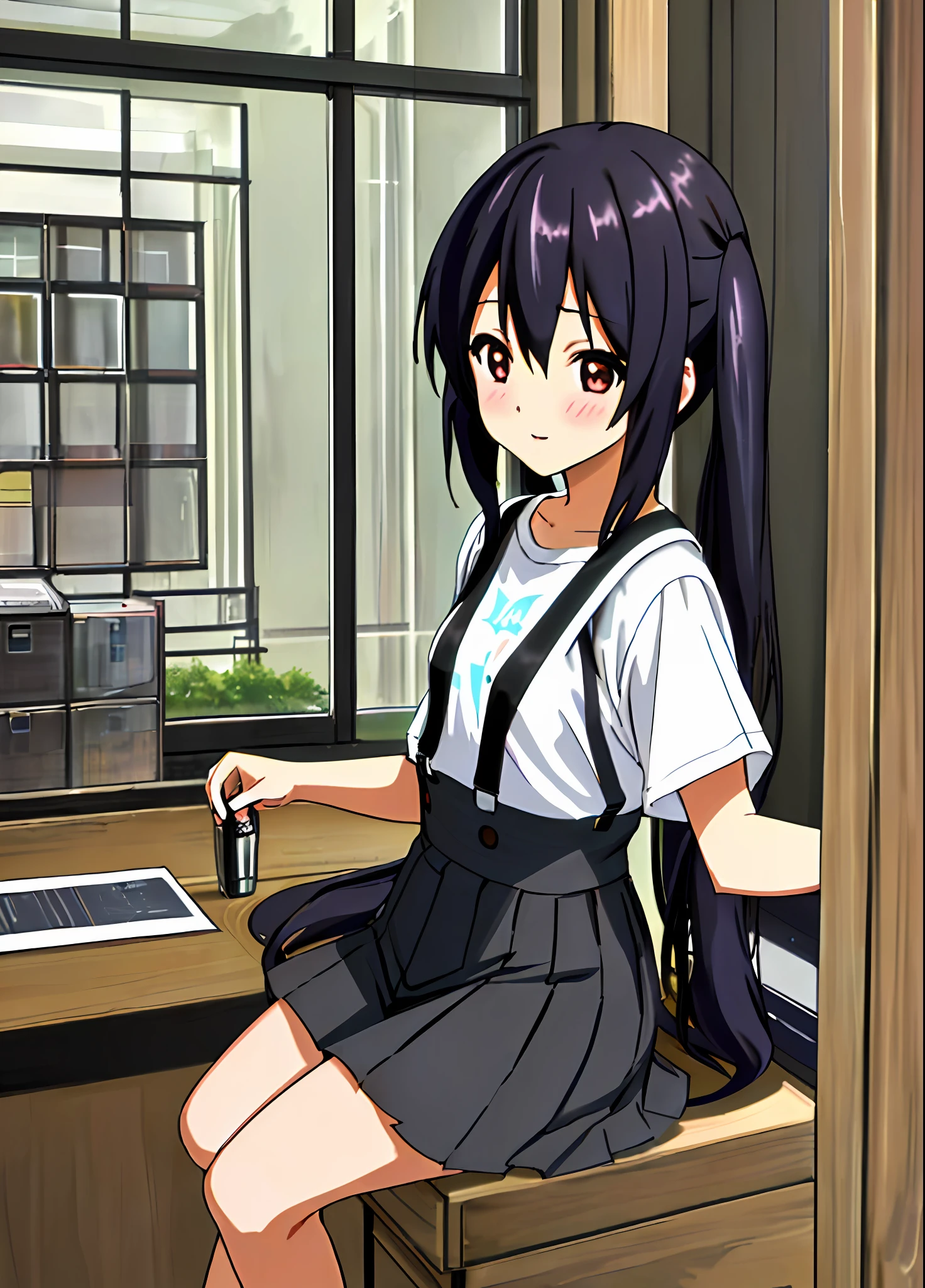 (((1girl)))), (((Masterpiece))), ((Azusa Nakano)), long-haired, ((Suspender clothes)))))), (Skirt)))), (Twin Tail)))), Black hair,Dark brown eye, Brown eye, (((Heart in the center of the chest)), (Restoration))), Best quality, ((Skirt)))), Indoors, Smile, ((((Very small breasts)))), ((((White T-shirt)))).( Blush:1.3), Epic Real, (Dark Shot:1.22), Neutral Color, (HDR:1.4), (Calm Colors:1.4), (Complex), (Art Station:1.2), Dramatic and Complex Detail, (Technicolor: 0.9), Detailed, Complex, Cinematic, Detailed, (((Complex Detail)), HDR, (((Complex Detail, Ultra Detail)),
