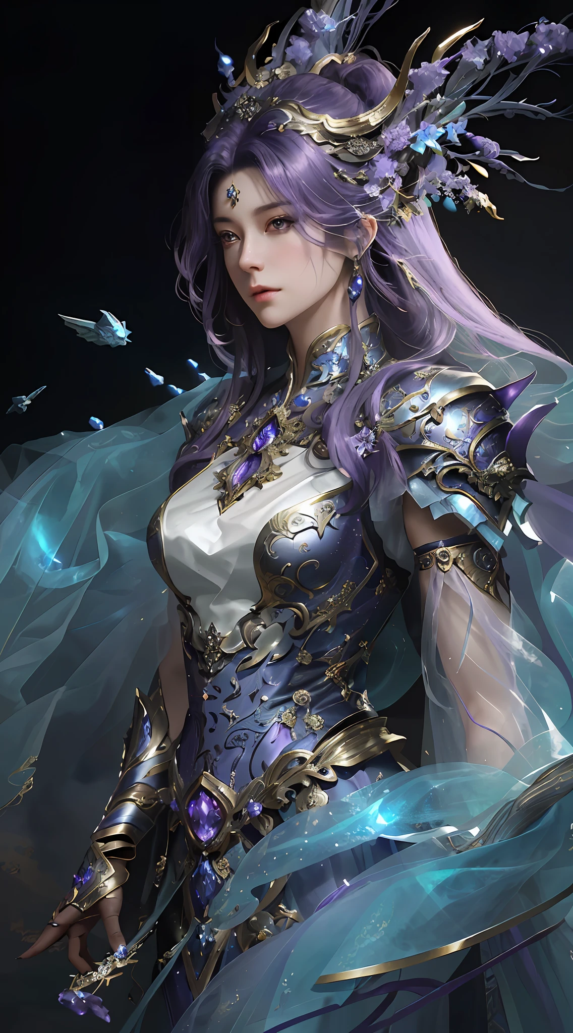 Close-up of a woman with dark purple hair in a gold and purple dress, chengwei pan on artstation, by Yang J, detailed fantasy art, stunning character art, best artstation fanart, epic and exquisite character art, beautiful armor, extremely detailed art, detailed digital anime art, artgerm on artstation pixiv, girl in armor