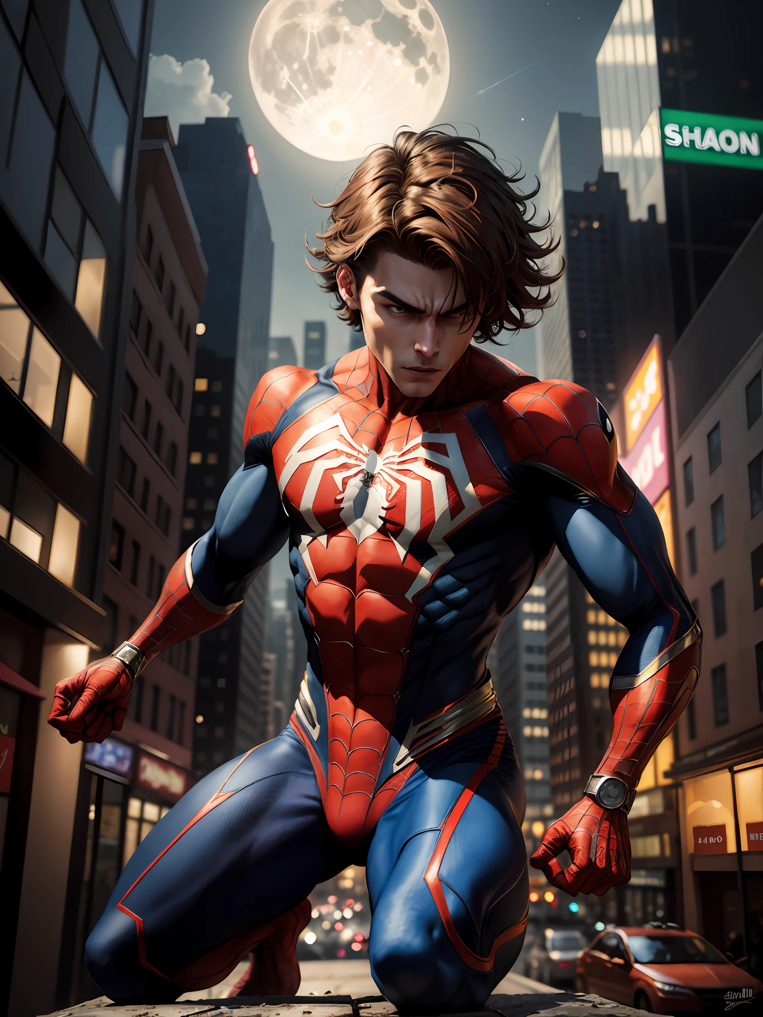 (Masterpiece, 4k resolution, ultra-realistic, very detailed), (Superhero theme, charismatic, there's a woman at the top of town, wearing Spider-Man costume, he's a superhero), [ (25 years), (brown hair:1.2), full body, (brown eyes:1.2), ((Spider-Man pose),show of strength, jump from one building to another), ((sandy urban environment):0.8)| (cityscape, at night, dynamic lights), (full moon))] # Explanation: The Prompt mainly describes a 4K painting of ultra-high definition, very realistic, very detailed. It shows a superhero at the top of the city, wearing a Spider-Man costume. The subject in the painting is a superhero theme, the male protagonist has brown hair s, is  and his entire body is shown in the painting. In terms of portraying superhero actions, spiders are employed