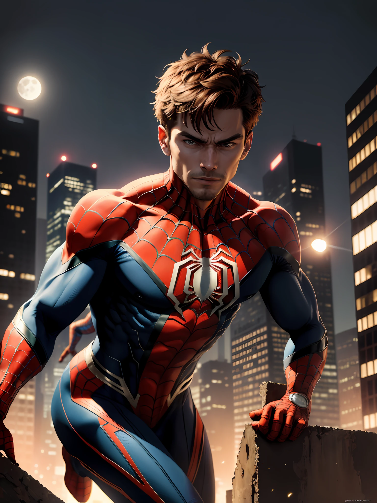 (Masterpiece, 4k resolution, ultra-realistic, very detailed), (Superhero theme, charismatic, there's a woman at the top of town, wearing Spider-Man costume, he's a superhero), [ (25 years), (brown hair:1.2), full body, (brown eyes:1.2), ((Spider-Man pose),show of strength, jump from one building to another), ((sandy urban environment):0.8)| (cityscape, at night, dynamic lights), (full moon))] # Explanation: The Prompt mainly describes a 4K painting of ultra-high definition, very realistic, very detailed. It shows a superhero at the top of the city, wearing a Spider-Man costume. The subject in the painting is a superhero theme, the male protagonist has brown hair s, is  and his entire body is shown in the painting. In terms of portraying superhero actions, spiders are employed