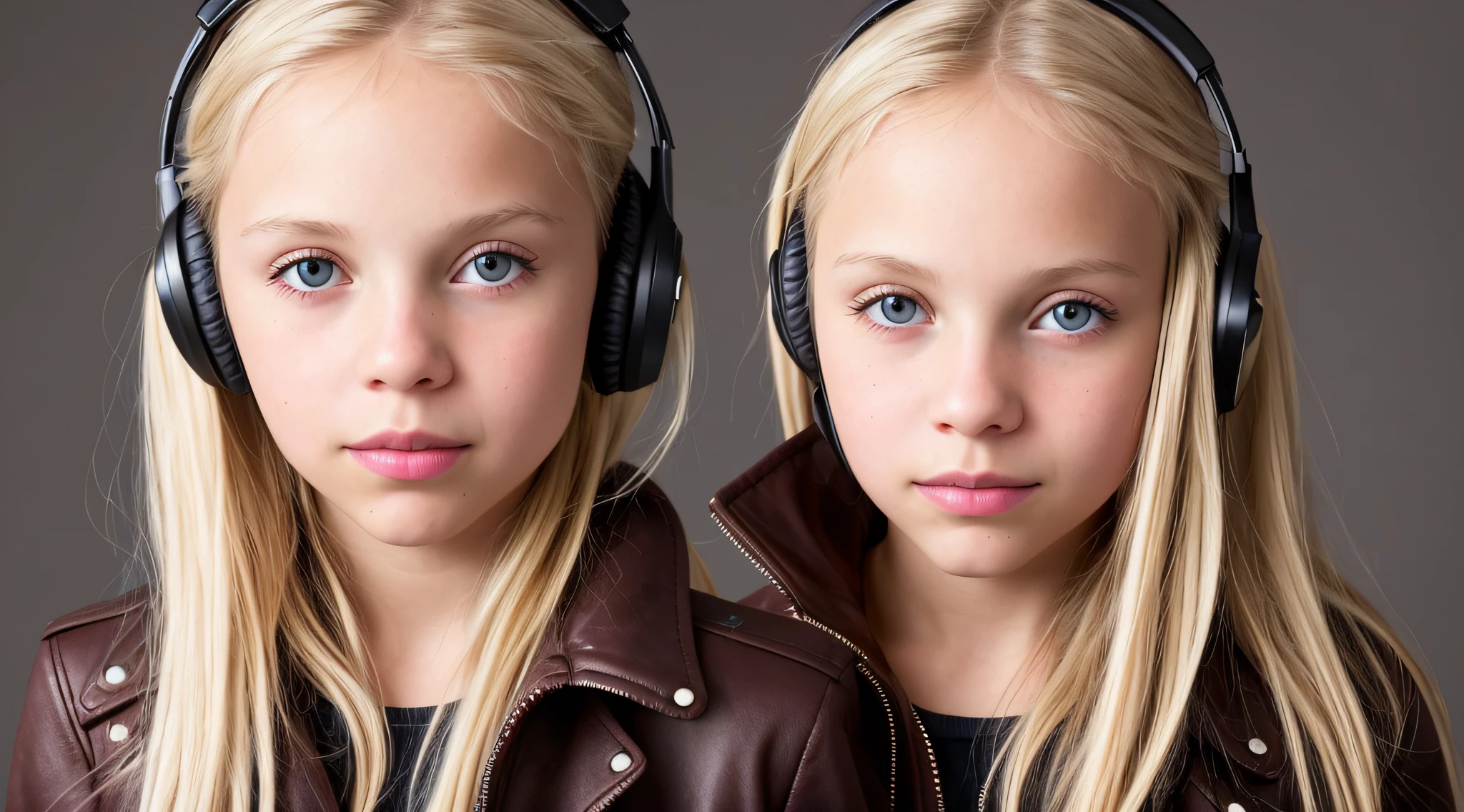GIRL CHILD , RUSSIAN STYLE BLONDE HEADPHONES, RED LEATHER JACKET, messy shoulder length BLONDE HAIR, GRAY BACKGROUND, BROWN EYES, HAPPY, CLEAN DETAILED FACES, INTRACATE CLOTHES, ANALOG COLORS, BRIGHT SHADOWS, BEAUTIFUL GRADIENT, DEPTH OF FIELD, CLEAN IMAGE, HIGH QUALITY, HIGH DETAIL, HIGH DEFINITION, LUMINOUS STUDIO GRAPHICS ENGINE, BEAUTIFUL FACE