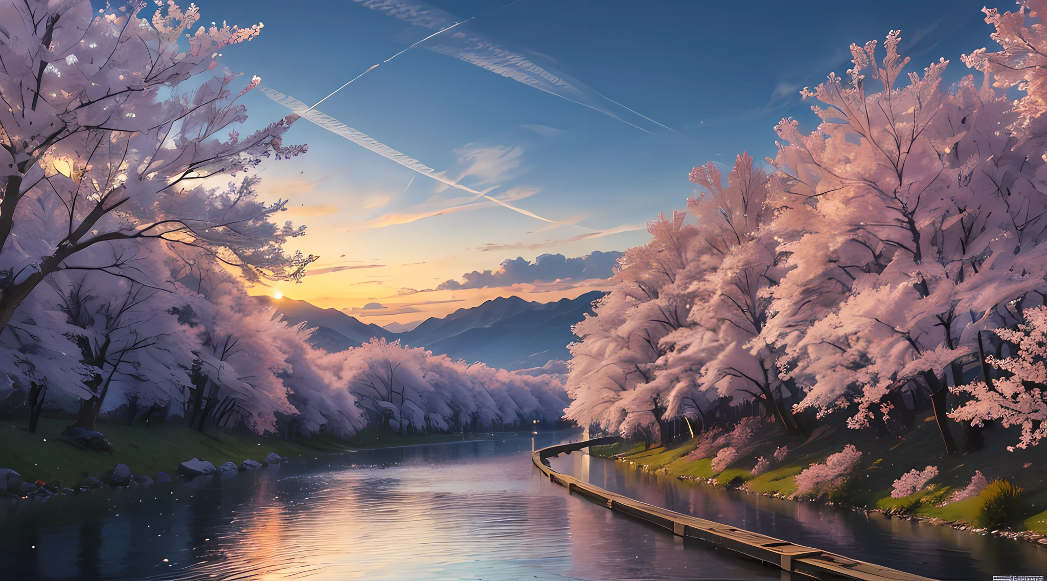 (masterpiece, best quality:1.2), ultra detailed, cinematic lighting, HDR, ilustration, landsape, sunrise, cherry blossom, impressive, chill, inspirational,