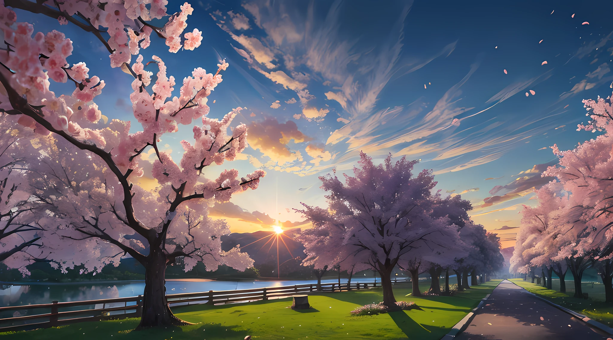 (masterpiece, best quality:1.2), ultra detailed, cinematic lighting, HDR, ilustration, landsape, sunrise, cherry blossom, impressive, chill, inspirational,
