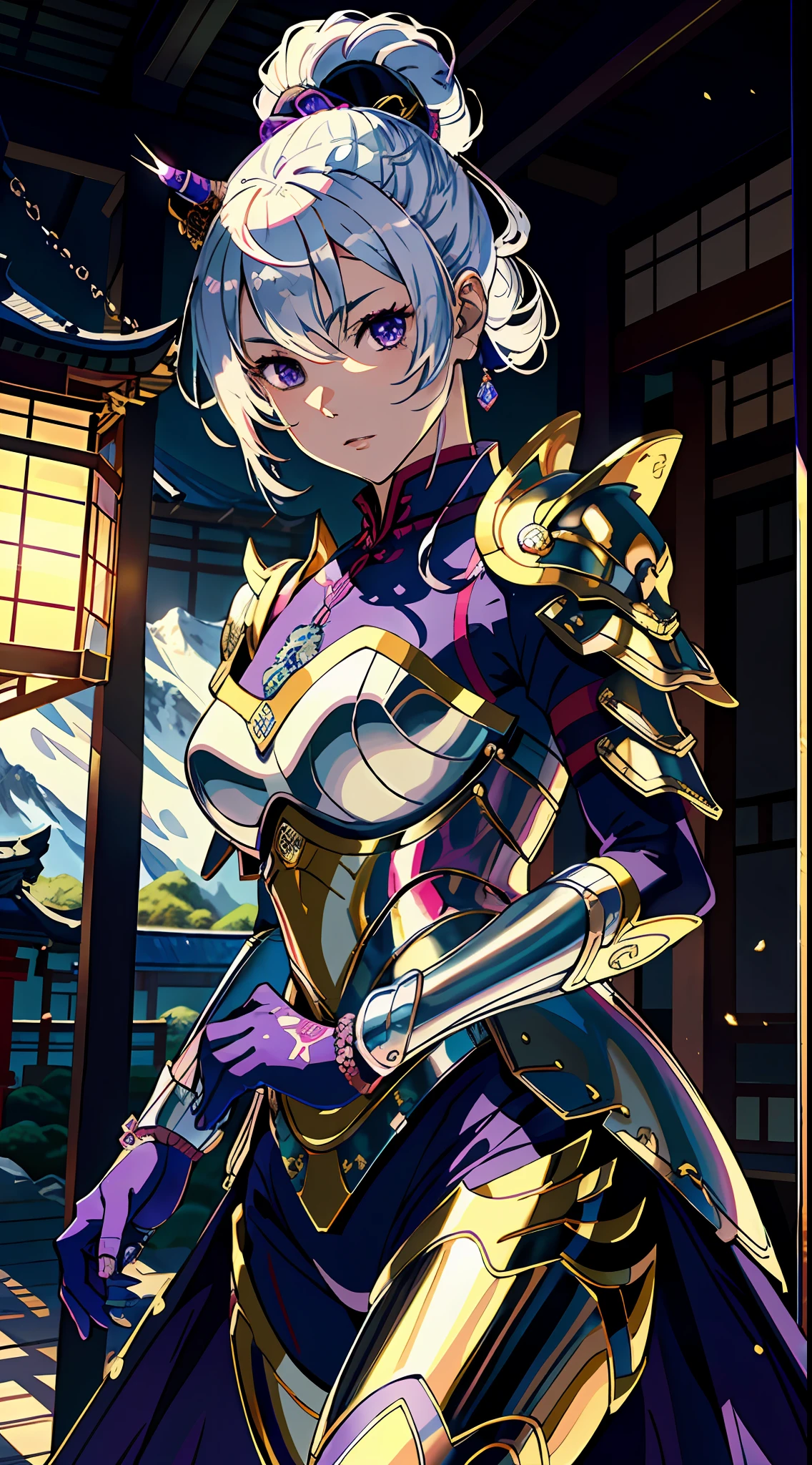 Masterpiece, top quality, high resolution, solo, mahokenshi inspired, a woman, safirai house samurai armor, defense masters, hyper detailed, sexy Japanese armor, silver and purple details, ice spike armor, perfect hands, beautiful artwork, master quality, best shadows, lighting highlighting the character, in a Japanese sapphire house village in the mountains