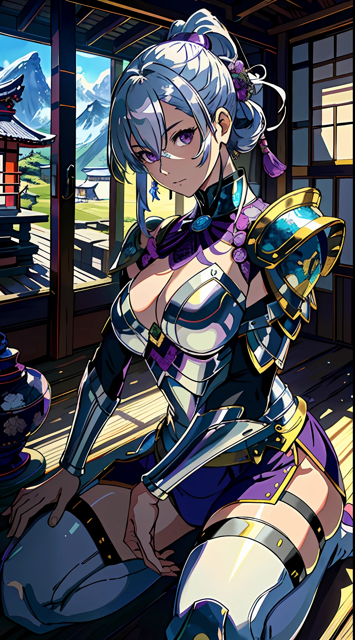 Masterpiece, top quality, high resolution, solo, mahokenshi inspired, a woman, safirai house samurai armor, defense masters, hyper detailed, sexy Japanese armor, silver and purple details, ice spike armor, perfect hands, beautiful artwork, master quality, best shadows, lighting highlighting the character, in a Japanese sapphire house village in the mountains
