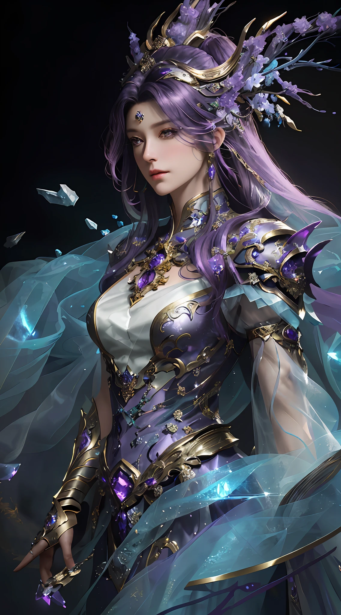 Close-up of a woman with dark purple hair in a gold and dark purple dress with crystals, chengwei pan on artstation, by Yang J, detailed fantasy art, stunning character art, best artstation fanart, epic and exquisite character art, beautiful armor, extremely detailed art, detailed digital anime art, artgerm on artstation pixiv, girl in armor
