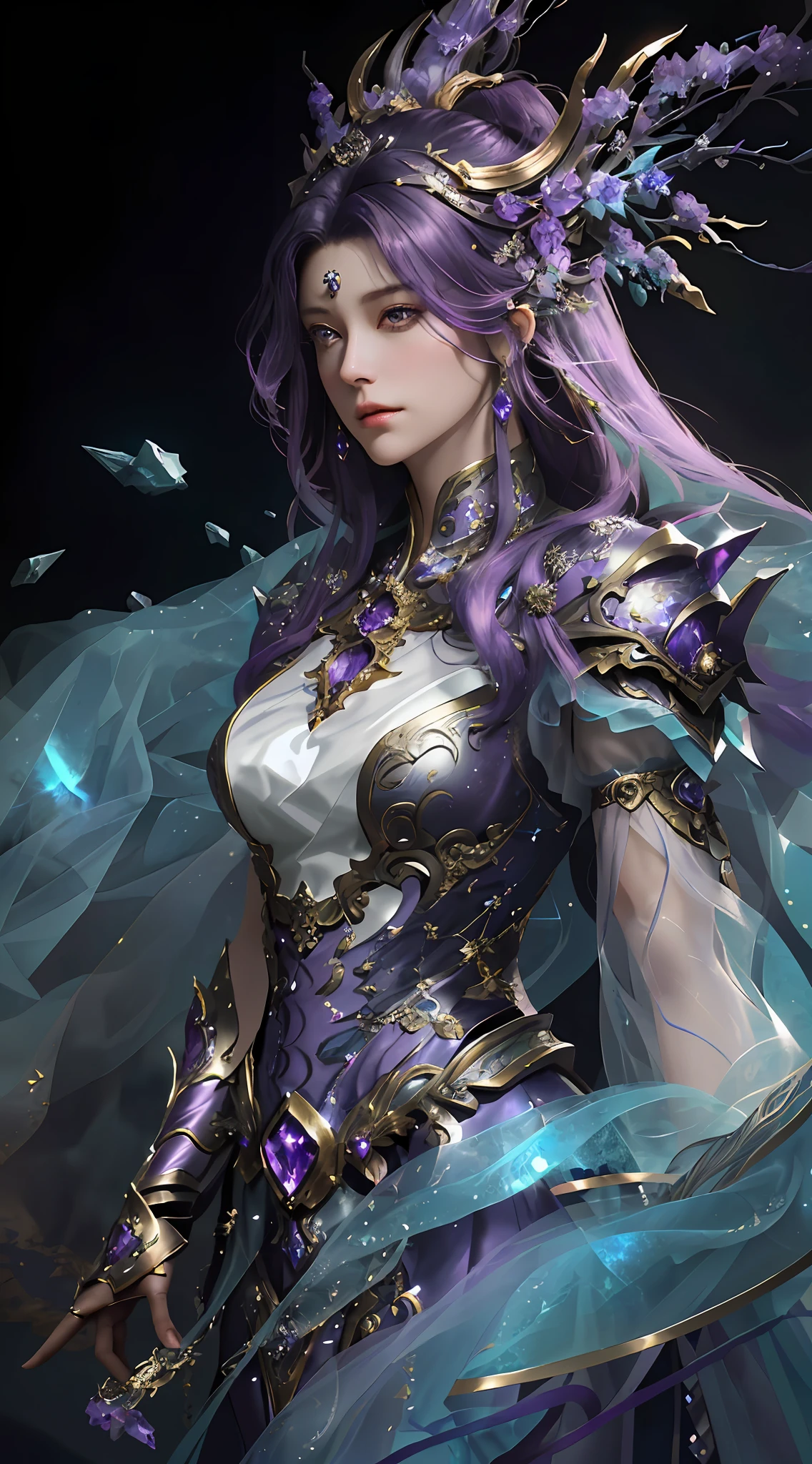 Close-up of a woman with dark purple hair in a gold and dark purple dress with crystals, chengwei pan on artstation, by Yang J, detailed fantasy art, stunning character art, best artstation fanart, epic and exquisite character art, beautiful armor, extremely detailed art, detailed digital anime art, artgerm on artstation pixiv, girl in armor