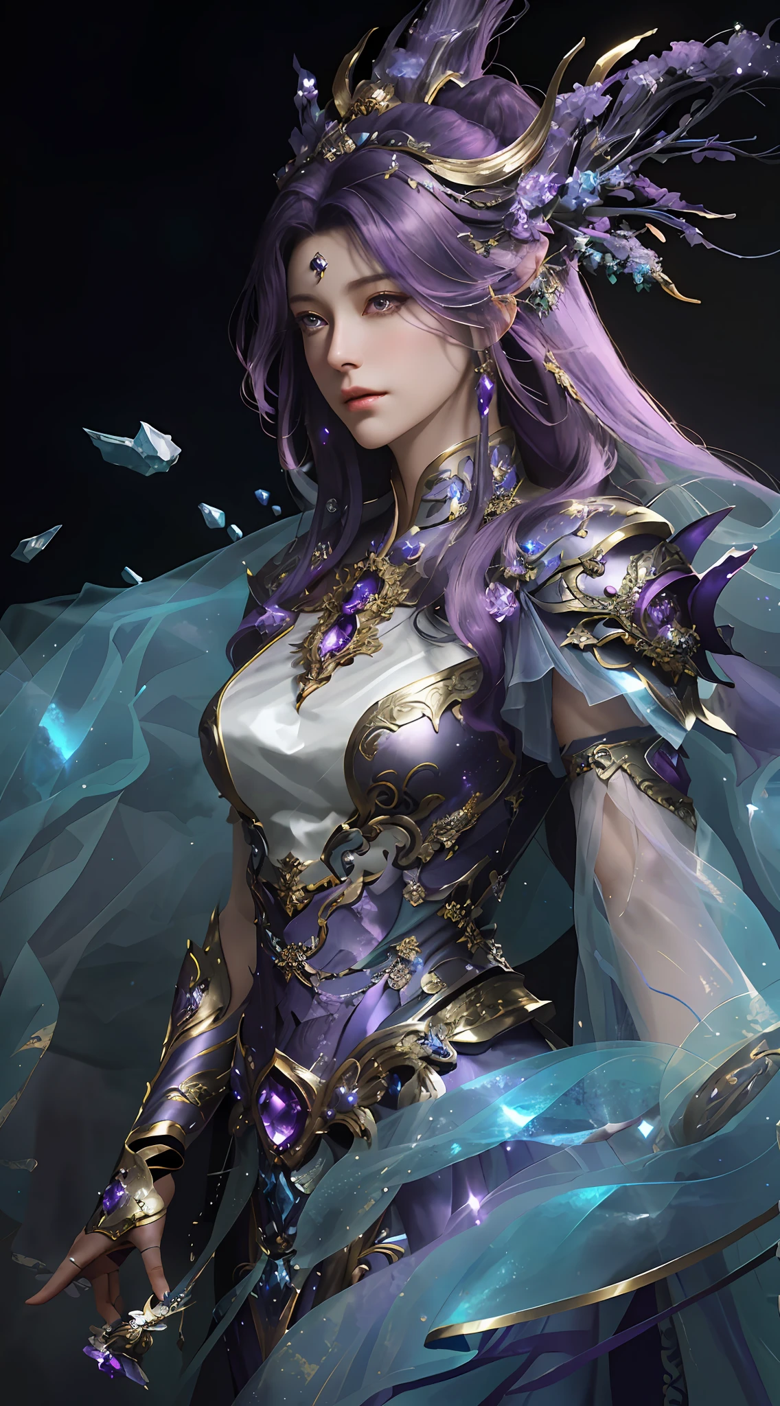 Close-up of a woman with dark purple hair in a gold and dark purple dress with crystals, chengwei pan on artstation, by Yang J, detailed fantasy art, stunning character art, best artstation fanart, epic and exquisite character art, beautiful armor, extremely detailed art, detailed digital anime art, artgerm on artstation pixiv, girl in armor