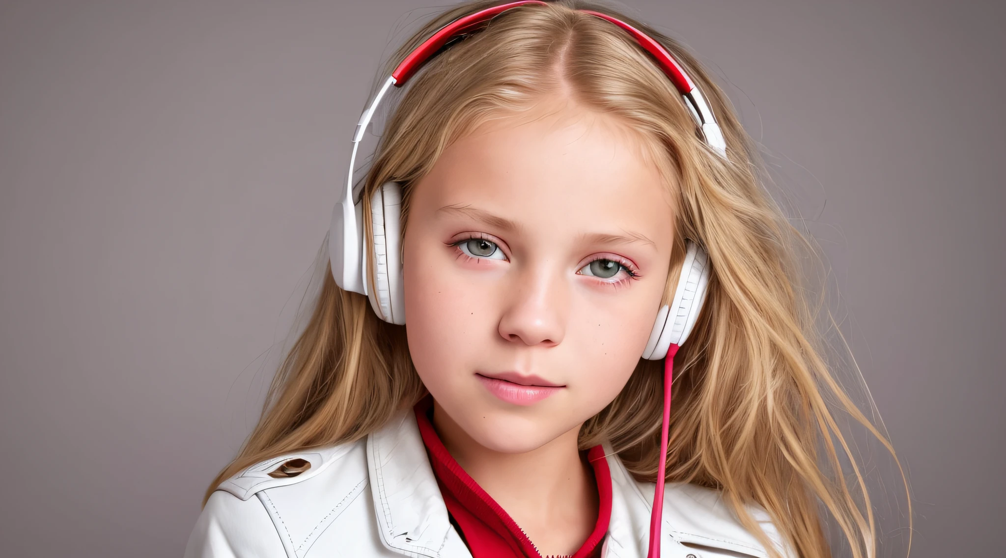 GIRL CHILD , RUSSIAN STYLE BLONDE HEADPHONES, WHITE LEATHER JACKET, MESSY SHOULDER LENGTH BLONDE HAIR, RED BACKGROUND, BROWN EYES, HAPPY, CLEAN DETAILED FACES, INTRACATE CLOTHES, ANALOGOUS COLORS, BRIGHT SHADOWS, BEAUTIFUL GRADIENT, DEPTH OF FIELD, CLEAN IMAGE, HIGH QUALITY, HIGH DETAIL, HIGH DEFINITION, LUMINOUS STUDIO GRAPHICS ENGINE, BEAUTIFUL FACE