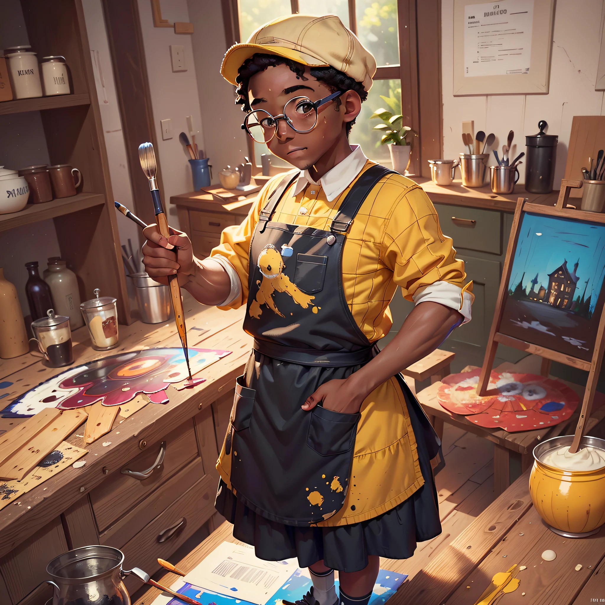 A black boy, round glasses, apron, painter, cap, painting, happy, perfect quality, clear focus (clutter - house: 0.8), (masterpiece: 1.2) (realistic: 1.2)(best quality) (detailed skin: 1.3) (intricate details) (8K) (detail eyes) (sharp focus), full body, character concept., yellow outfit, 2d