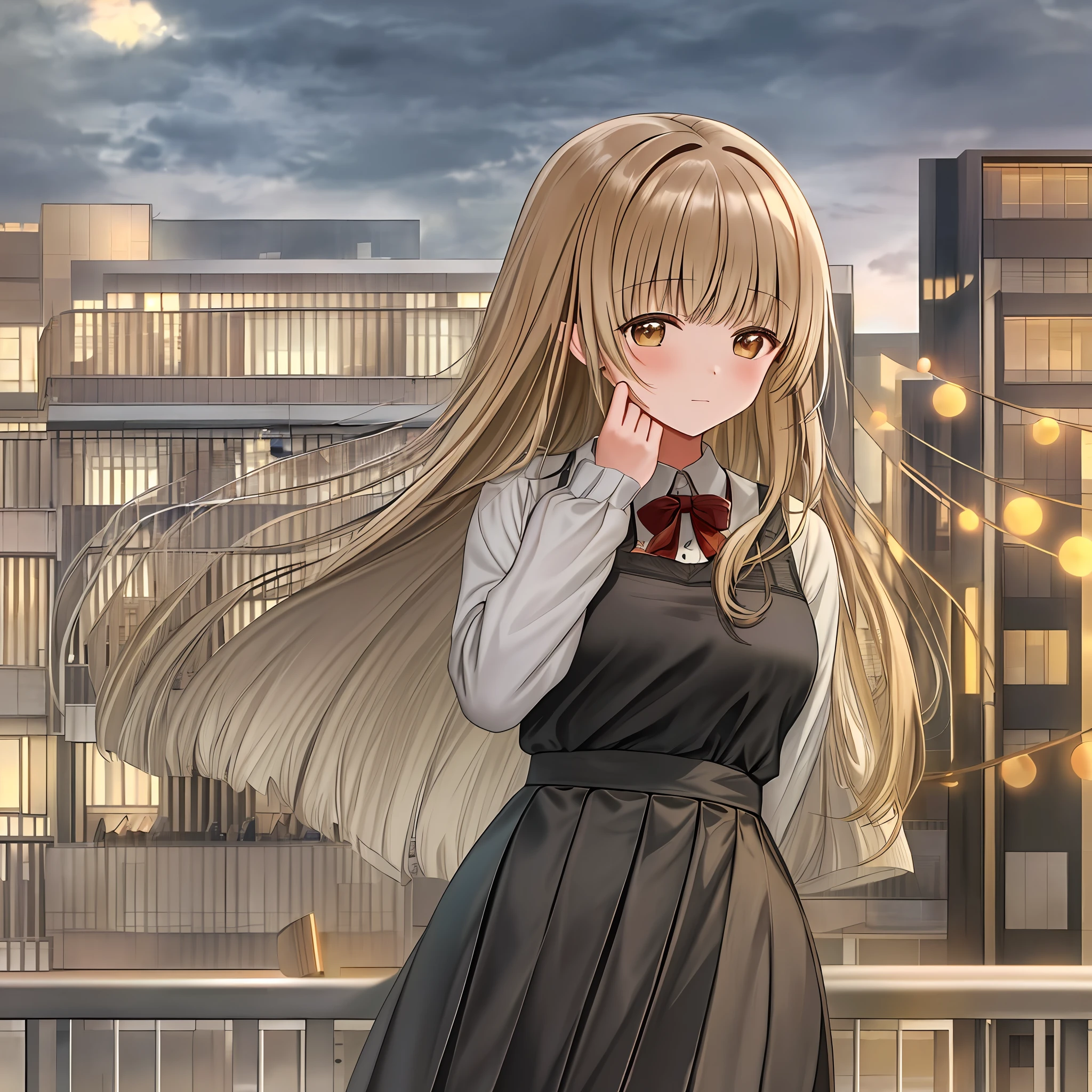 ((masterpiece, best quality)),1girl, Mahiru Shiina, from below, wearing sweater, looking at the viewer, on the balcony of a building, fringe, neckline, overcast sky, night power lines, pleated skirt, scenery, blunt bangs, city, night, closed mouth, black skirt, medium hair, ilustation, CG, ultra detailed