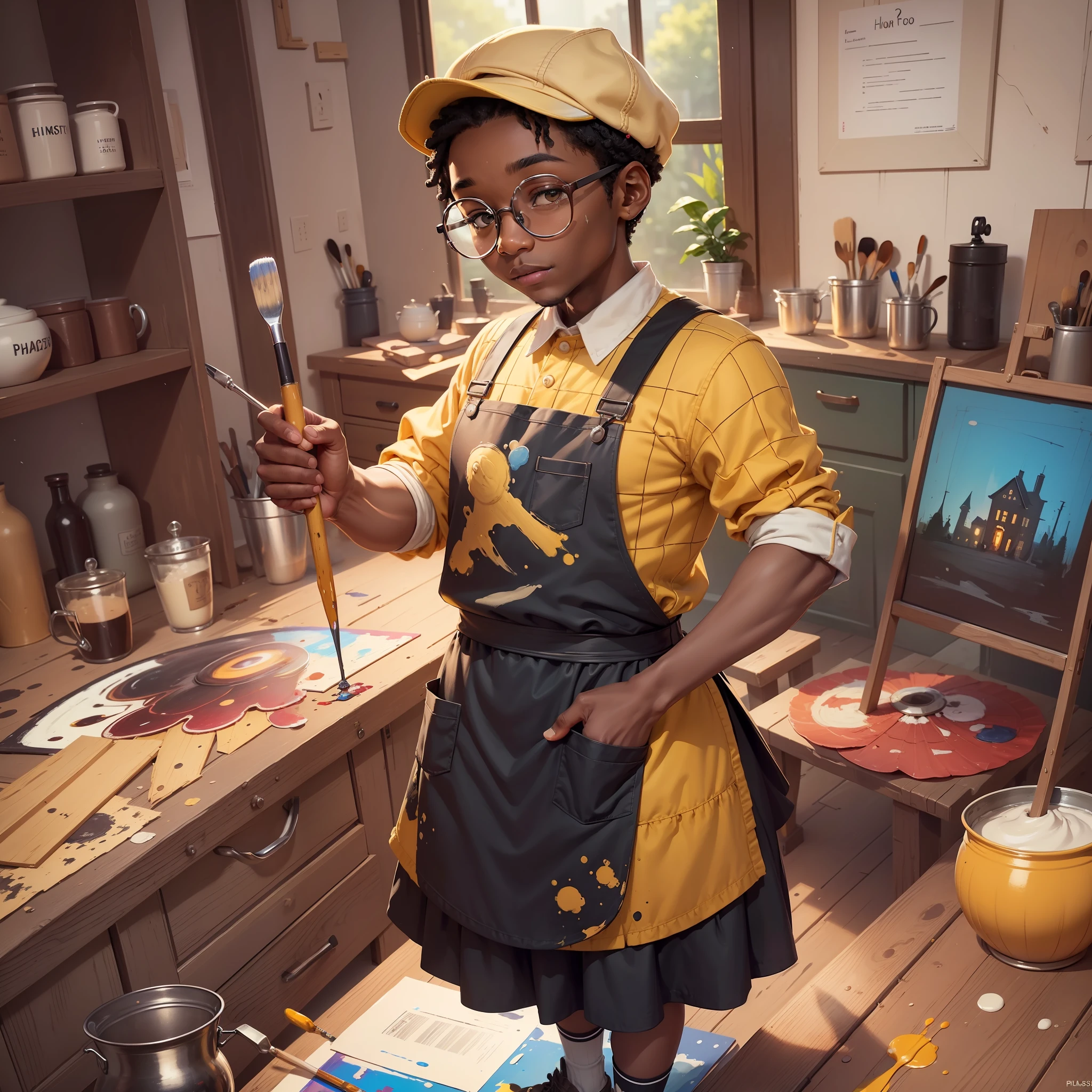 A black boy, round glasses, apron, painter, cap, painting, happy, perfect quality, clear focus (clutter - house: 0.8), (masterpiece: 1.2) (realistic: 1.2)(best quality) (detailed skin: 1.3) (intricate details) (8K) (detail eyes) (sharp focus), full body, character concept., yellow outfit, 2d