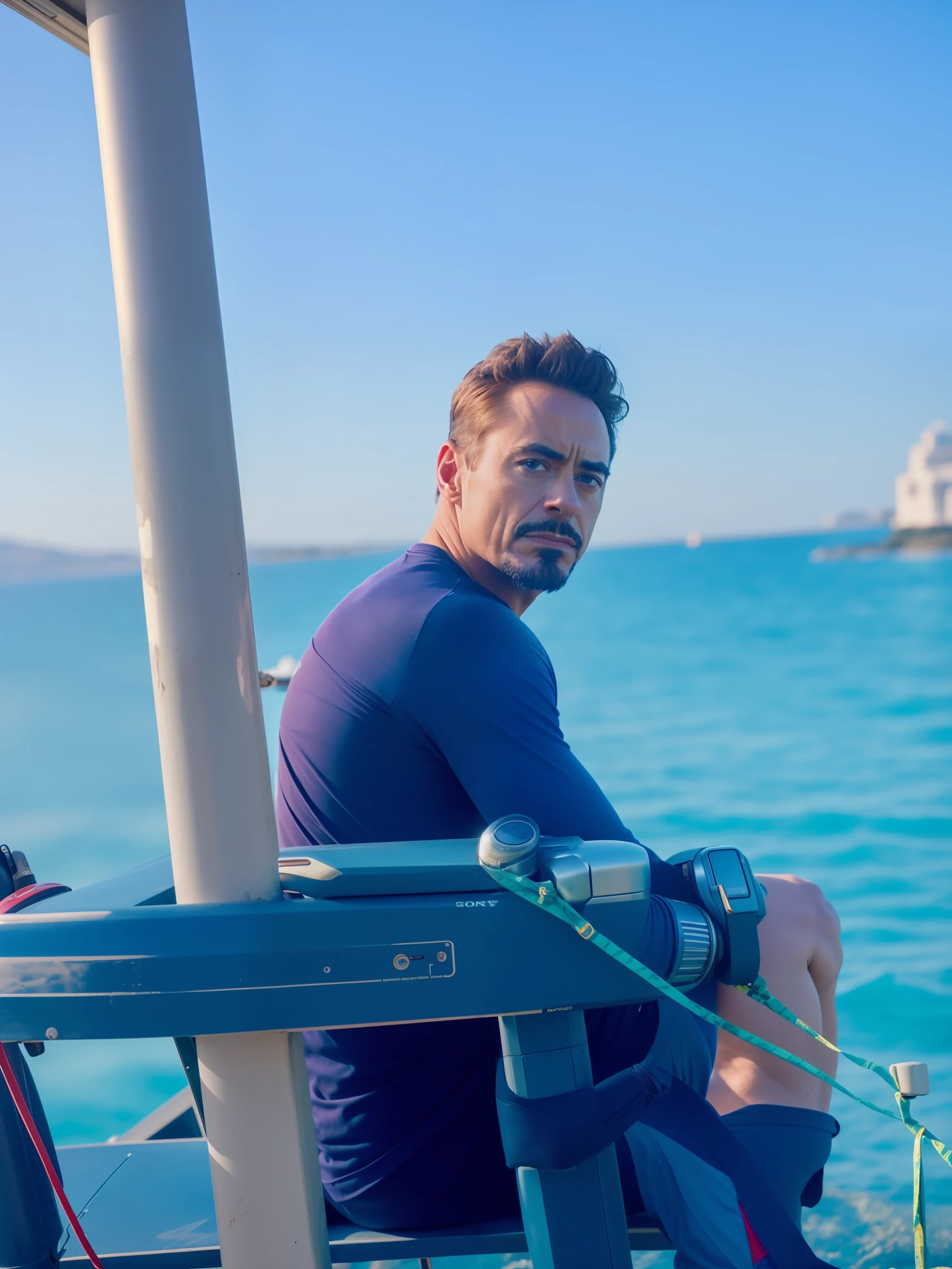 very detailed, sony A7iii, 85mm prime, f/1.8, octane render + hyper realistic, photo of iron man, wearing a tight blue t-shirt, robert Downey Jr., arms crossed, outdoors, natural lighting, forty-years-old, forties, attractive, handsome, Chris Evans, canon50, kodak ultramax, pexels, unsplash, film grain, ultraskin