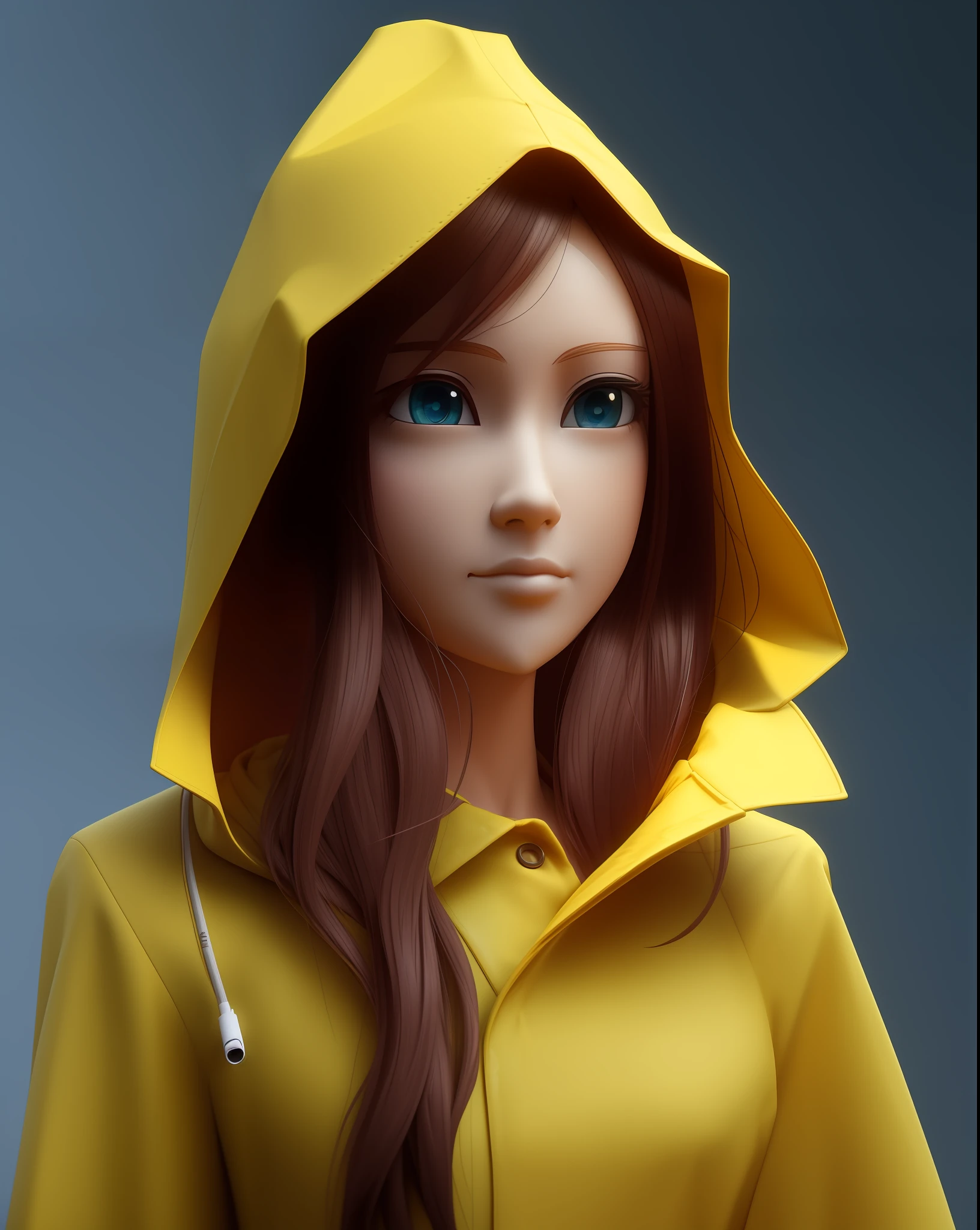 there is a woman in a yellow raincoat posing for a picture, girl in raincoat, 3d anime girl, realistic anime 3 d style, 3 d anime realistic, anime styled 3d, yellow raincoat, 3d character realistic, 3 d character art, realistic artstyle, render of a cute 3d anime girl, photorealistic anime girl render