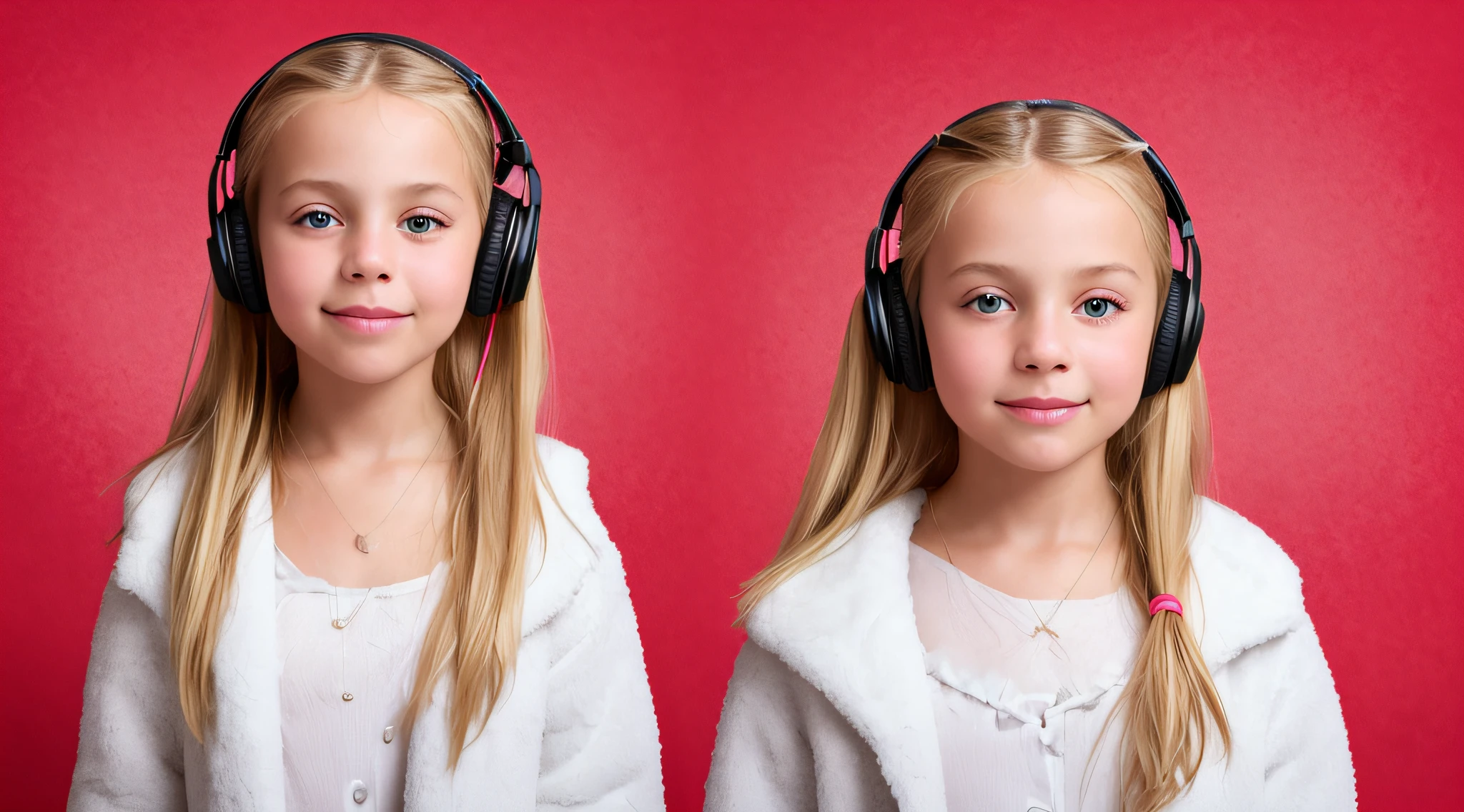 GIRL CHILD 8 YEARS OLD, RUSSIAN STYLE BLONDE HEADPHONES, WHITE FUR COAT, MESSY SHOULDER LENGTH BLONDE HAIR, RED BACKGROUND, BROWN EYES, HAPPY, CLEAN DETAILED FACES, INTRACATE CLOTHES, ANALOGOUS COLORS, BRIGHT SHADOWS, BEAUTIFUL GRADIENT, DEPTH OF FIELD, CLEAN IMAGE, HIGH QUALITY, HIGH DETAIL, HIGH DEFINITION, LUMINOUS STUDIO GRAPHICS ENGINE, BEAUTIFUL FACE