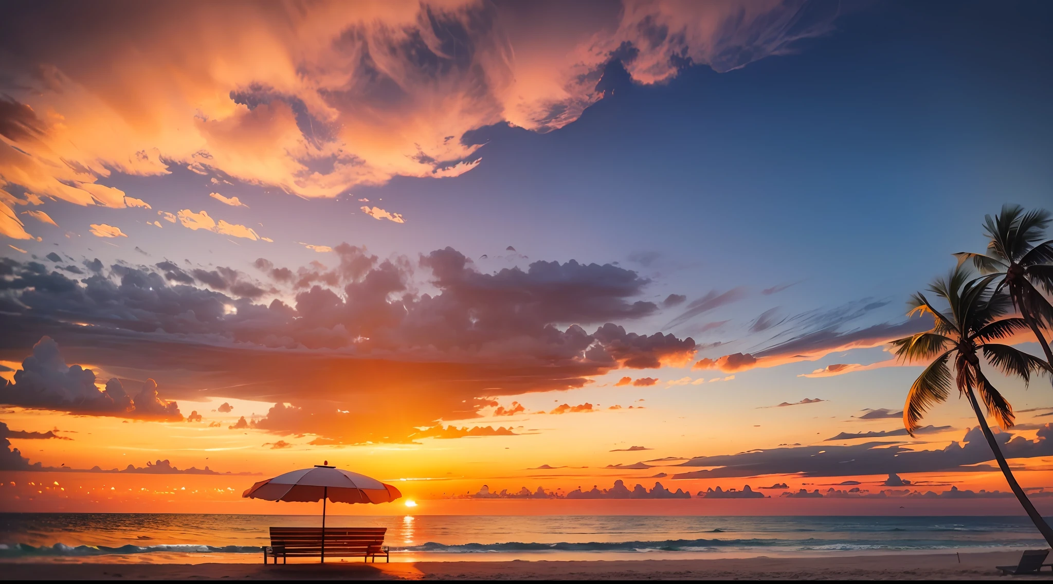 sunset over the ocean with palm trees and a bench on the beach, a photo by Emanuel Witz, pexels, fine art, red sun over paradise, beach sunset background, which shows a beach at sunset, sunset glow, sunset at the beach, tropical atmosphere, sunset on the beach, palm leaves on the beach, beautiful sunset, sunset time, nice sunset --ar 16:9 --auto --s2