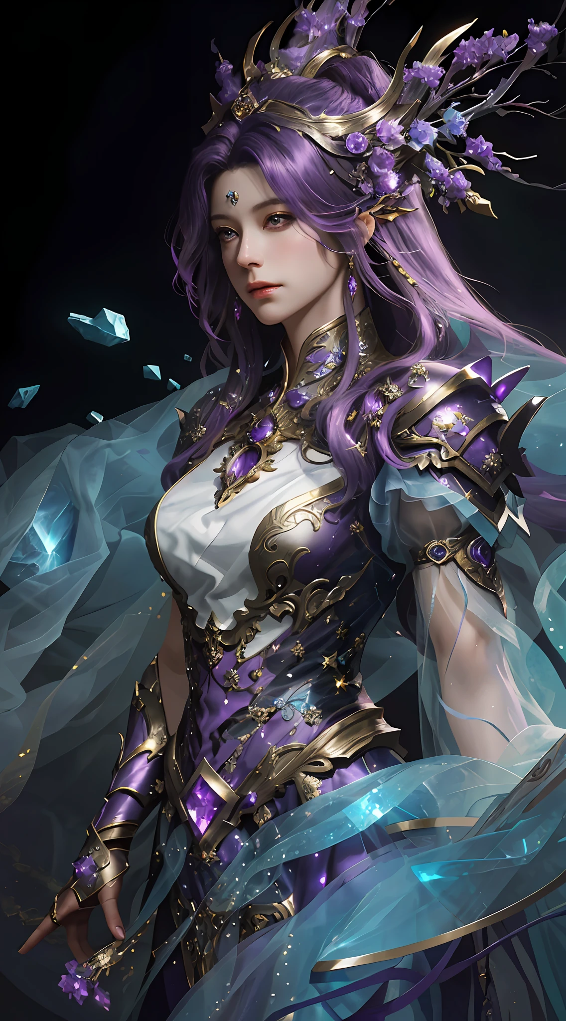 close-up of a woman with hands with a strong purple light of dark purple hair in a gold and dark purple dress with crystals, chengwei pan on artstation, by Yang J, detailed fantasy art, stunning character art, fanart best artstation, epic and exquisite character art, beautiful armor, extremely detailed art, detailed digital anime art,  Artgerm on Artstation Pixiv, Girl in Armor