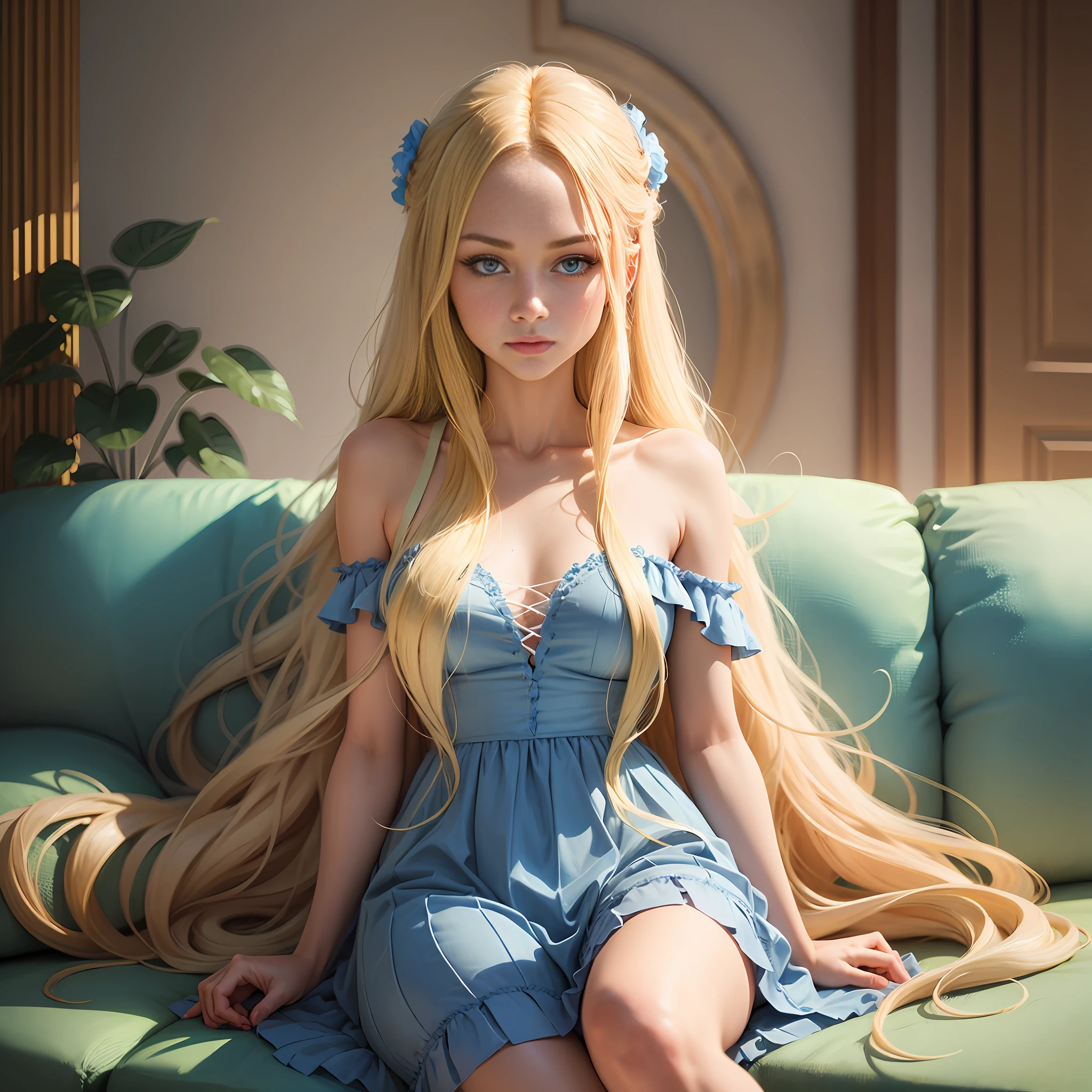 Person, realistic, Young, blonde girl, , thin, perfect body, small chest, with long hair sitting on a couch in a short blue dress, facing the camera, with long blonde hair, sexy girl with long blonde hair, long blonde hair and blue eyes, long blonde hair and big eyes, long blonde hair and big eyes, long blonde hair and big eyes, extremely long and thick blonde hair, glorious long blonde hair, beautiful blonde girl --auto --s2