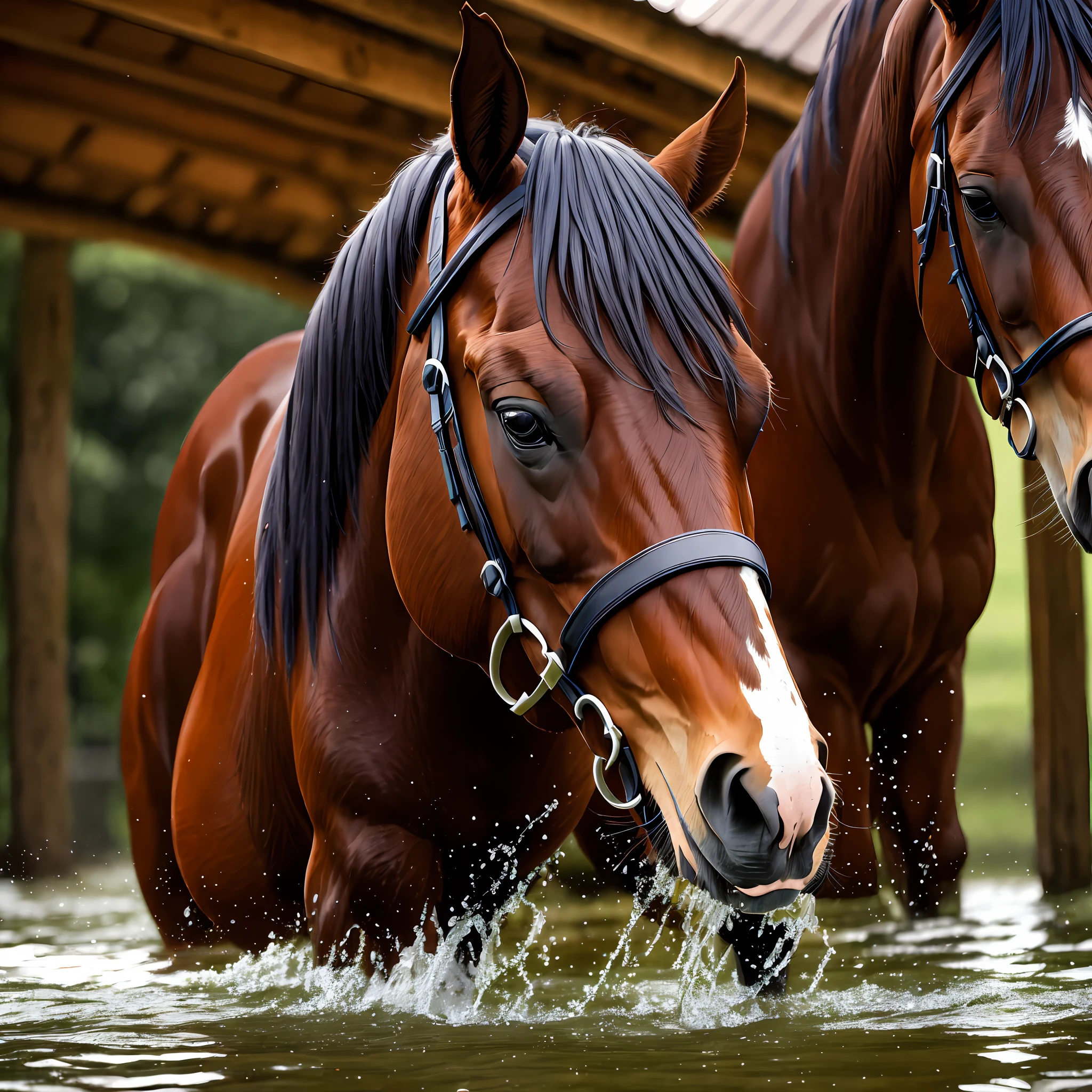 Detailed photo, horse with a wet sitting on the face of another horse. --auto --s2
