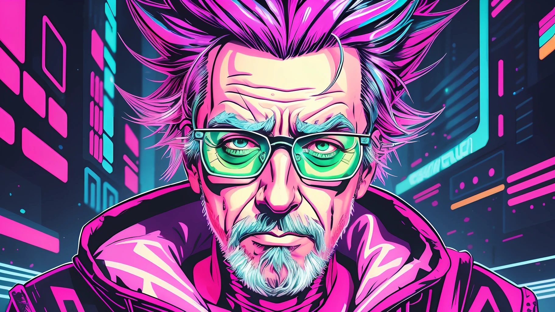 a close up of a person with a neon hair and glasses, cyberpunk art style, cyberpunk old man, portrait art of rick sanchez, cyberpunk artstyle, futuristic art style, 4k detailed digital art, portrait of rick sanchez, cyberpunk themed art, masterpiece epic retrowave art, cyberpunk illustration, 2 d digital vector art, 2d digital vector art, rick sanchez --auto --s2