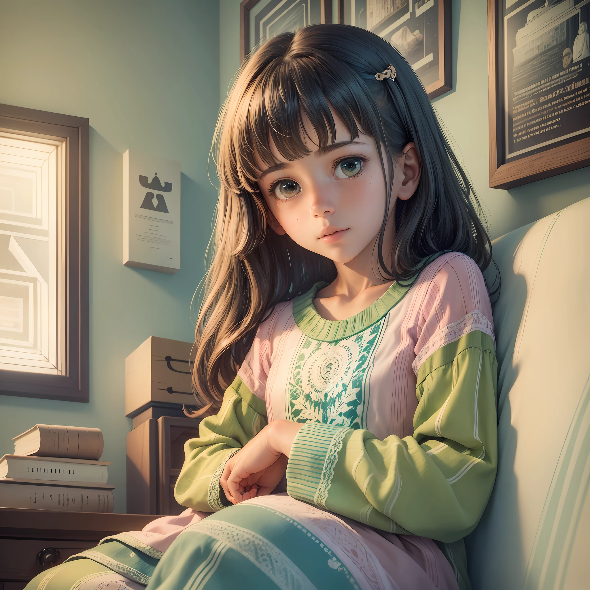 ((best quality)), ((ultra res)), ((realistic)), (intricate details) an adorable sitting on the bed looking out the window window, looking distant, beautiful colors coming out of her window. curious, cheerful, kind eyes. brown eyes, gray eyes. red hair short hair. black hair. long hair. very white skin. a sign from under the left eye. green striped pajamas. Pink bedroom wall, shelves with books, books, a picture hanging on the wall. ( not sexualize the girl). The illustration is in high definition in 4k resolution, with highly detailed facial features and cartoon-style visuals. --auto --s2