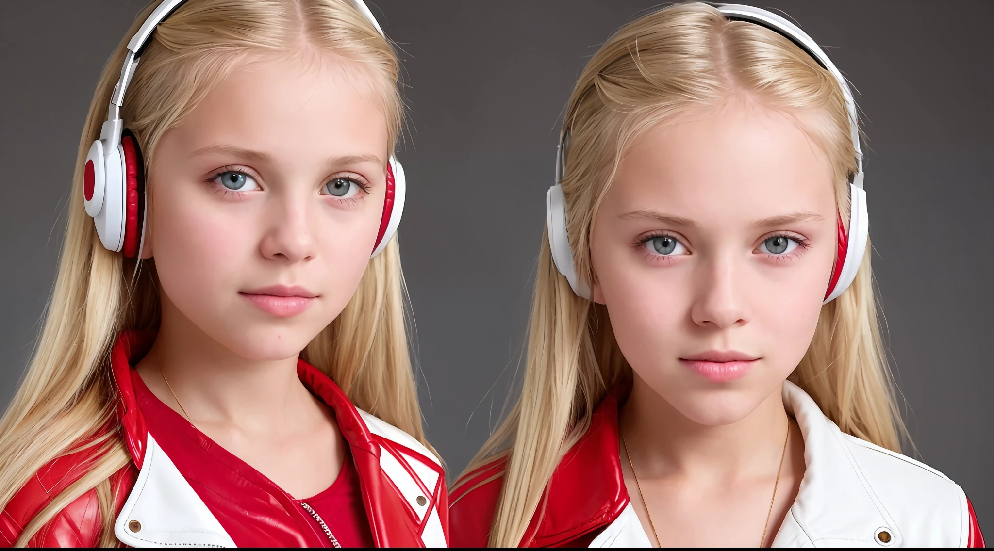 GIRL CHILD , RUSSIAN STYLE BLONDE HEADPHONES, WHITE LEATHER JACKET, MESSY SHOULDER LENGTH BLONDE HAIR, RED BACKGROUND, BROWN EYES, HAPPY, CLEAN DETAILED FACES, INTRACATE CLOTHES, ANALOG COLORS, BRIGHT SHADOWS, BEAUTIFUL GRADIENT, DEPTH OF FIELD, CLEAN IMAGE, HIGH QUALITY, HIGH DETAIL, HIGH DEFINITION, LUMINOUS STUDIO GRAPHICS ENGINE, BEAUTIFUL FACE