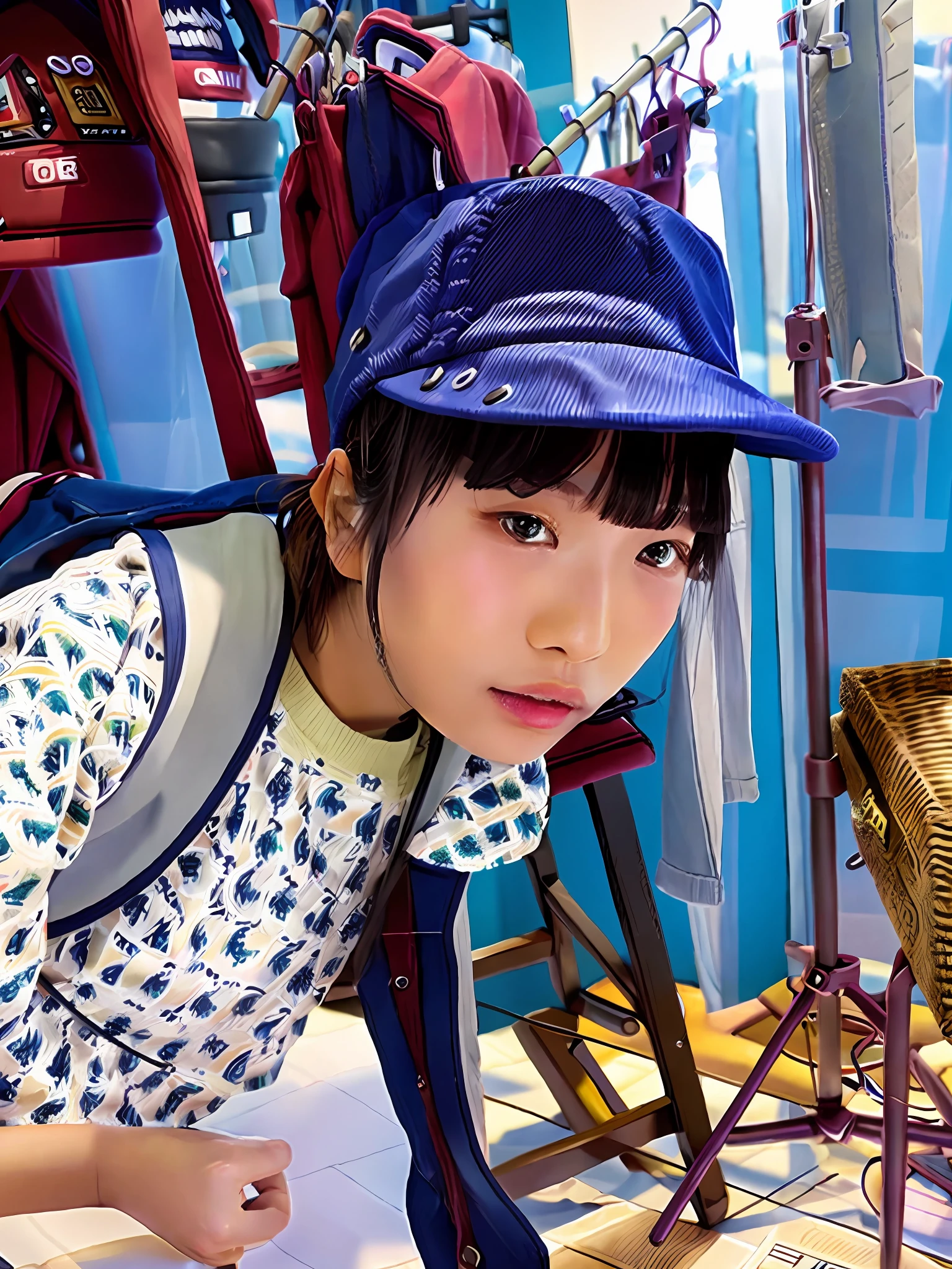arafed asian girl sitting on a stool in a clothing store, taken with sony alpha 9, she is wearing a hat, chiho, wearing a cute hat, with hat, with a weird hat, wearing a travel hat, taken with canon 8 0 d, it's wearing a cute little hat, taken with canon eos 5 d mark iv
