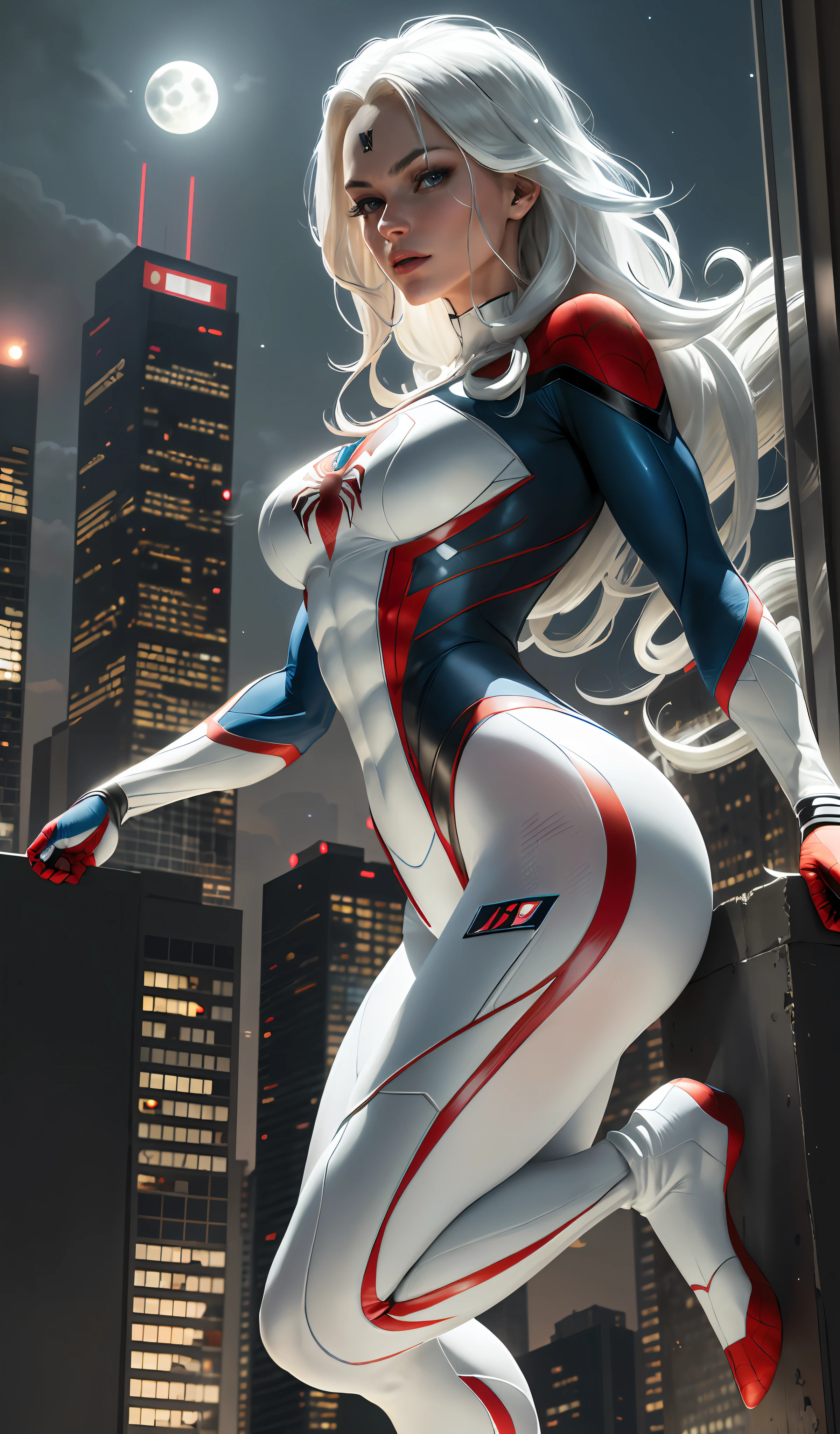(Masterpiece, 4k resolution, ultra-realistic, very detailed), (White superhero theme, charismatic, there's a girl on top of town, wearing Spider-Man costume, she's a superhero), [ ((25 years), (long white hair:1.2), full body, (blue eyes:1.2), ((Spider-Man pose),show of strength, jumping from one building to another), ((sandy urban environment):0.8)| (cityscape, at night, dynamic lights), (full moon))] # Explanation: The Prompt mainly describes a 4K painting of ultra-high definition, very realistic, very detailed. It shows a superheroine at the top of the city, wearing a Spider-Man costume. The theme in the painting is a white superhero theme, the female protagonist has long white hair, is 25 years old and her entire body is shown in the painting. In terms of portraying the actions of superheroines, spiders are employed