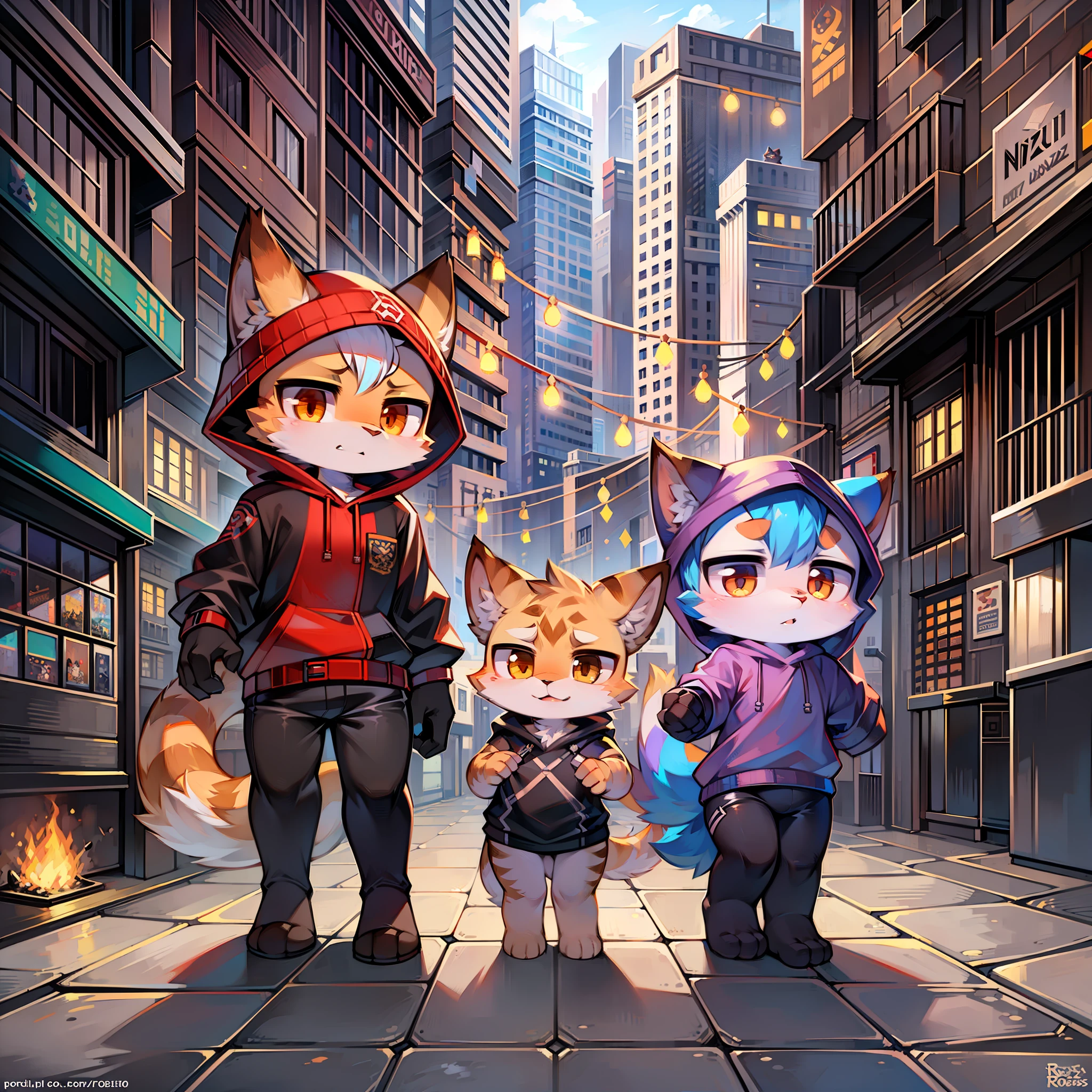 Cartoon cat sprite with hood and two cats in front of a city, official video game environment, advanced digital chibi art, trend in artstation pixiv, fursona art, pixiv contest winner, anthropomorphic ninja cat, adorable digital painting, cute detailed digital art, official fanart, jazza and rossdraws, tabaxi :: rogue, chibi art, furry art!!!, Game Art!!