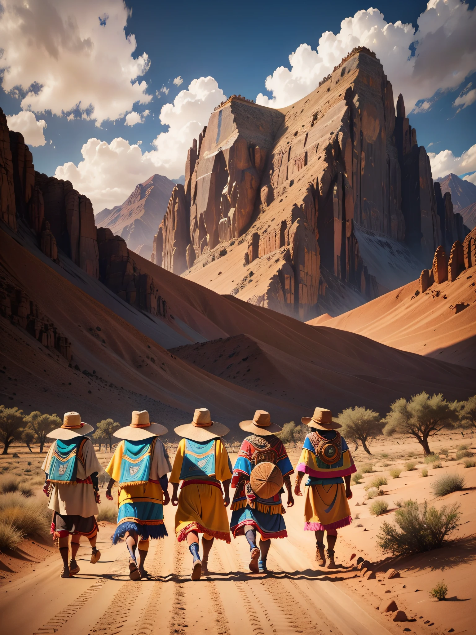 Group of Inca aborigines in the desert walking towards the mountain at sunset the sun is setting, realistic, high intricate details, colorful clothing, full bodies, 16k