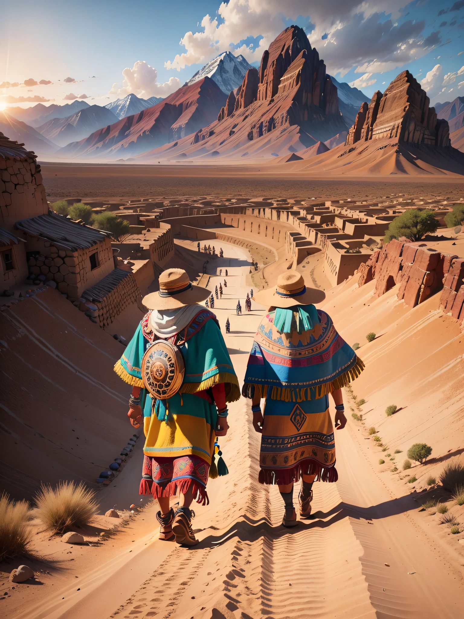 Group of Inca aborigines in the desert walking towards the mountain at sunset the sun is setting, realistic, high intricate details, colorful clothing, full bodies, 16k