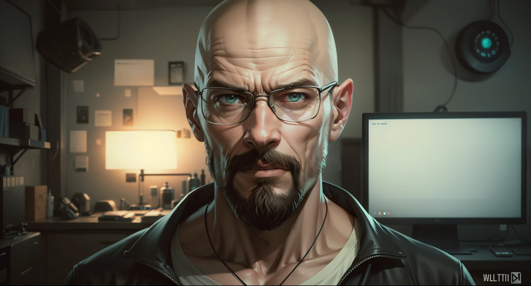 A man with a beard and beard in a happy, unreal room 5. rpg portrait, Walter White in Valorant, portrait of a cyberpunk man, cinematic realistic portrait, cyberpunk portrait, old cyberpunk, hyperrealistic cyberpunk style, shadowrun character art, cinematic bust portrait, cyberpunk style, hyper-realistic, stefan koidl-inspired, character portrait --auto --s2