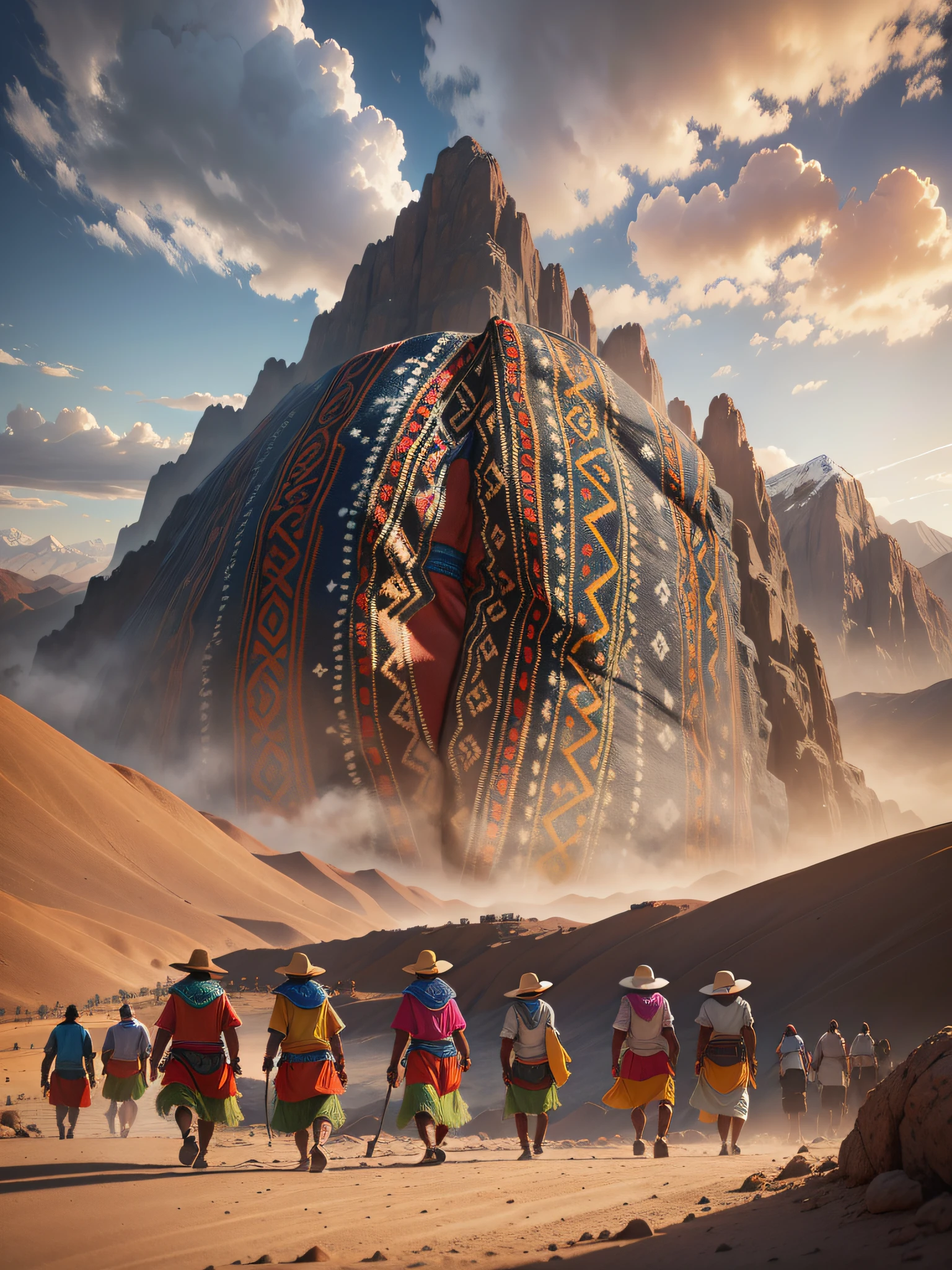Group of Inca aborigines in the desert walking towards the mountain at sunset the sun is setting, realistic, high intricate details, colorful clothing, full bodies, 16k