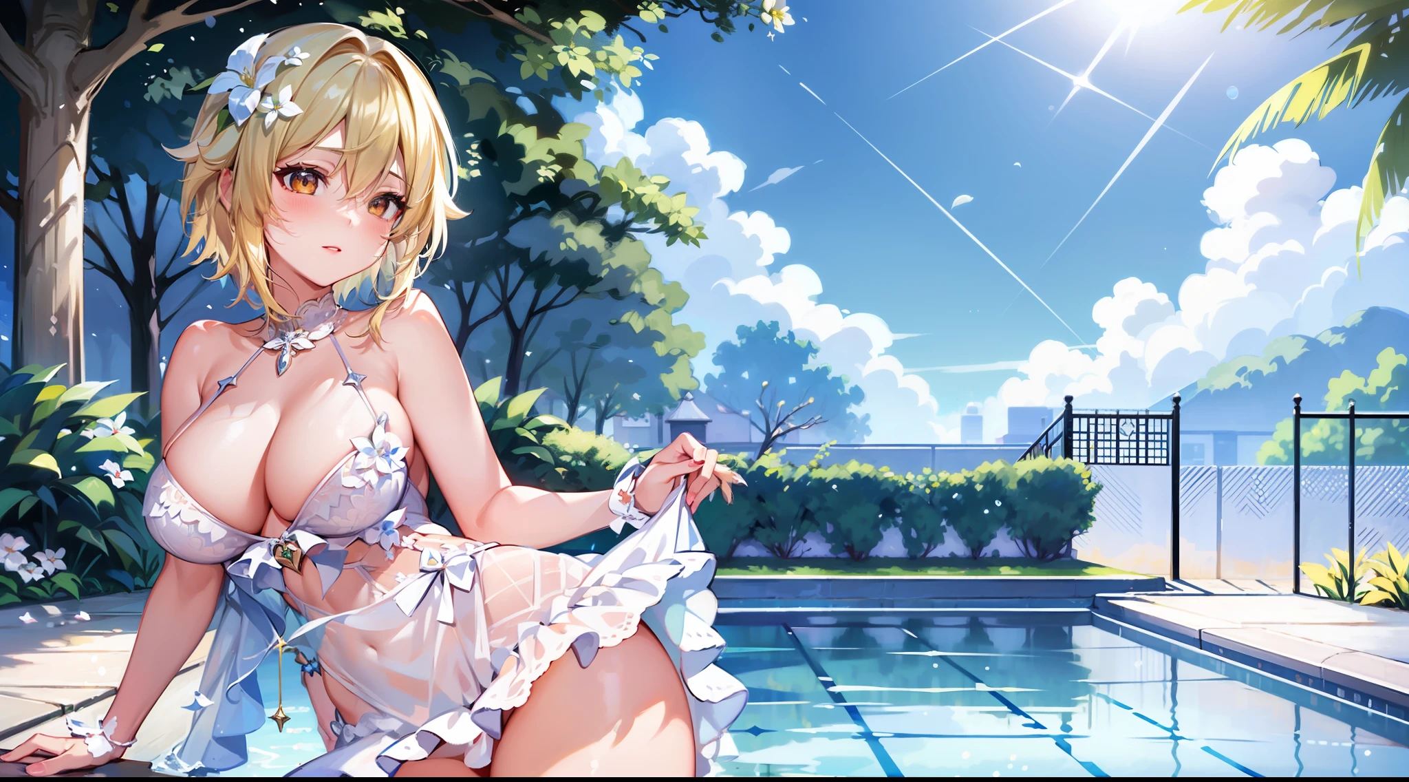 masterpiece, best quality, highy resolution, 1girl, solo, lumine (genshin impact), blonde hair, short hair, white flower ornament hair, lipstick, summer dress, pool, sunny, blushes, big breasts, upper breasts, captivating, attractive, gorgeous, smooth, glowing skin, full body, breasts over the pool